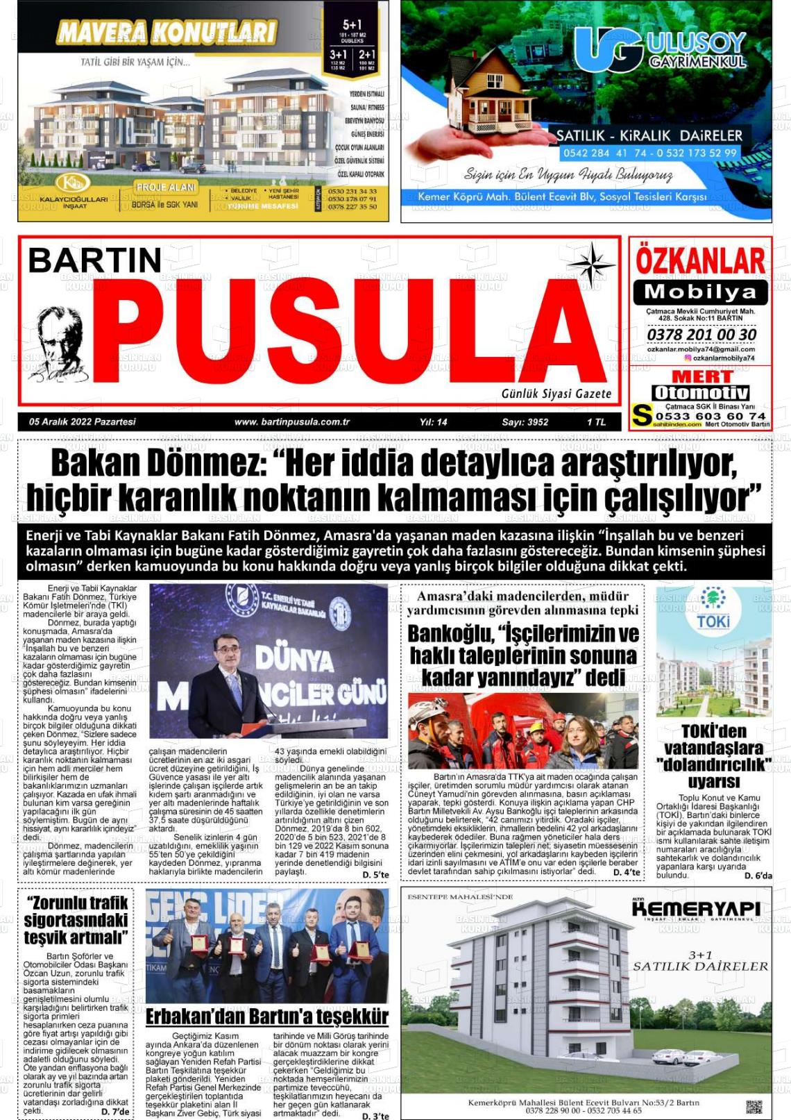 05 Aralık 2022 Bartın Pusula Gazete Manşeti