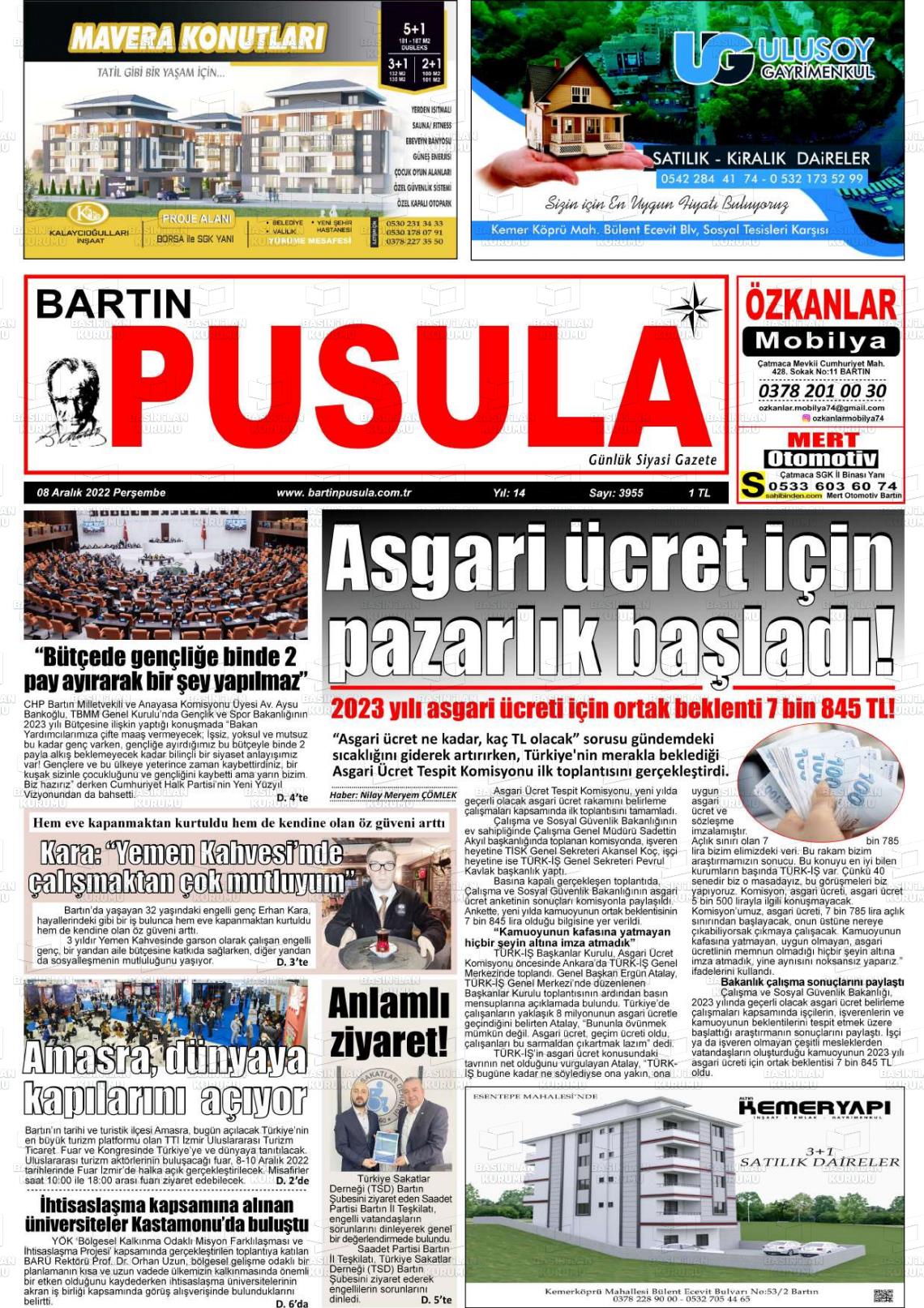 08 Aralık 2022 Bartın Pusula Gazete Manşeti