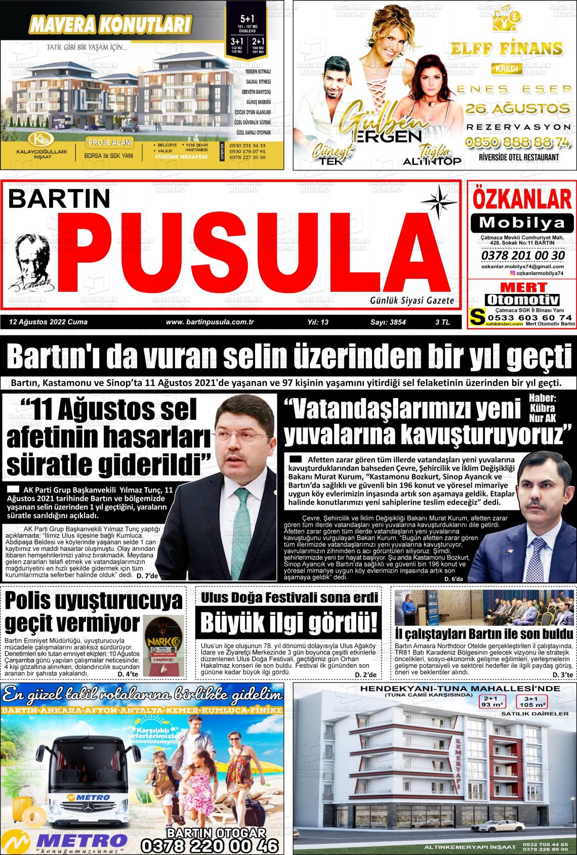 12 Ağustos 2022 Bartın Pusula Gazete Manşeti