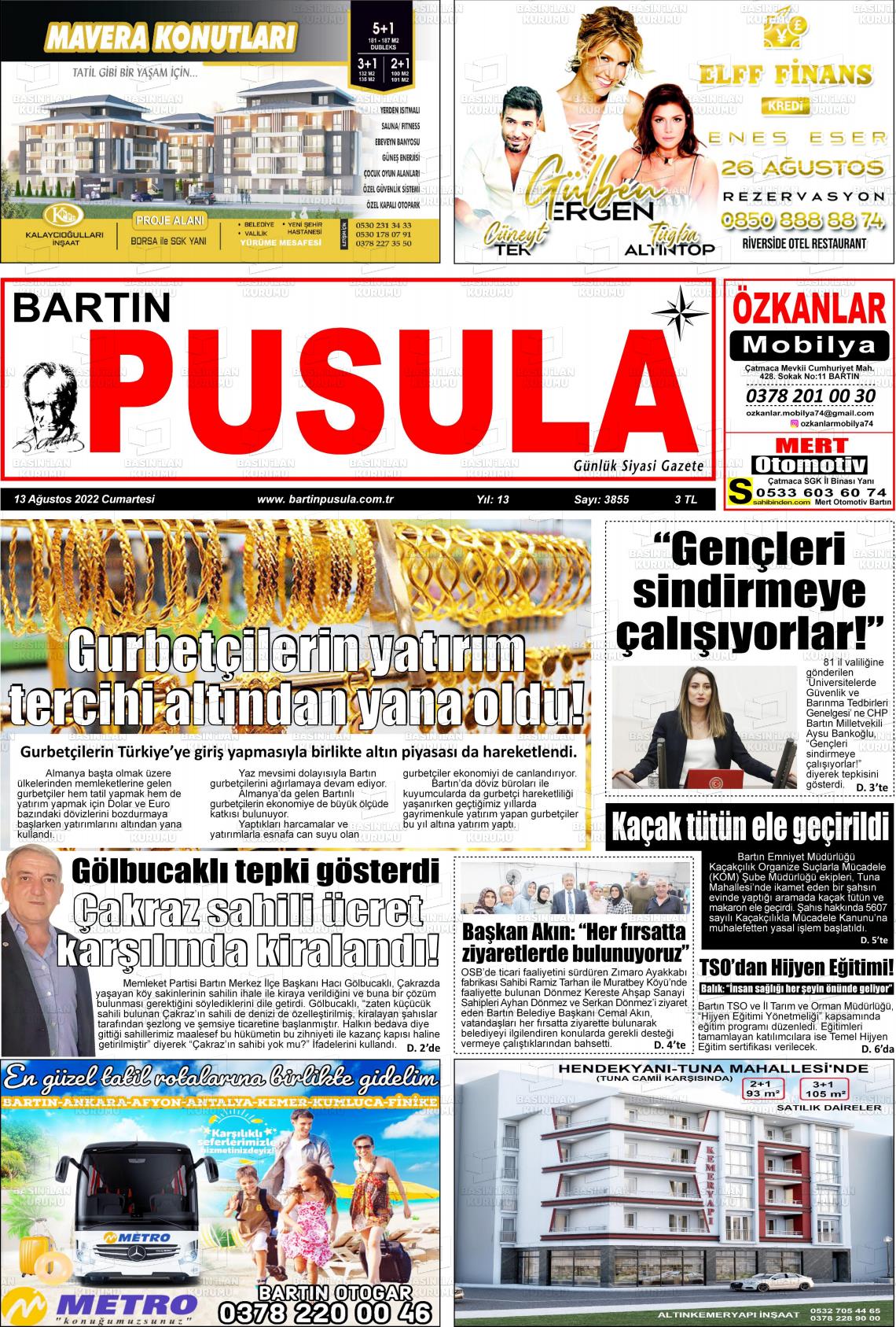 13 Ağustos 2022 Bartın Pusula Gazete Manşeti