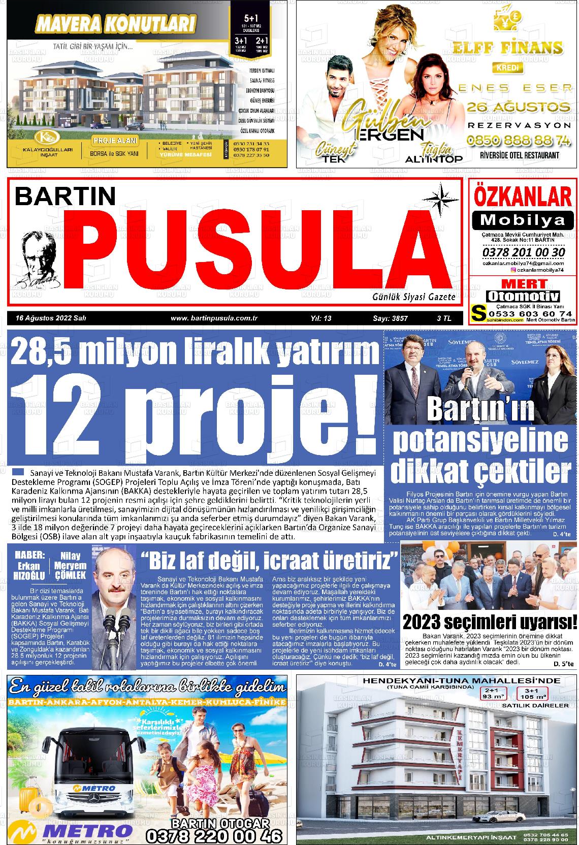16 Ağustos 2022 Bartın Pusula Gazete Manşeti