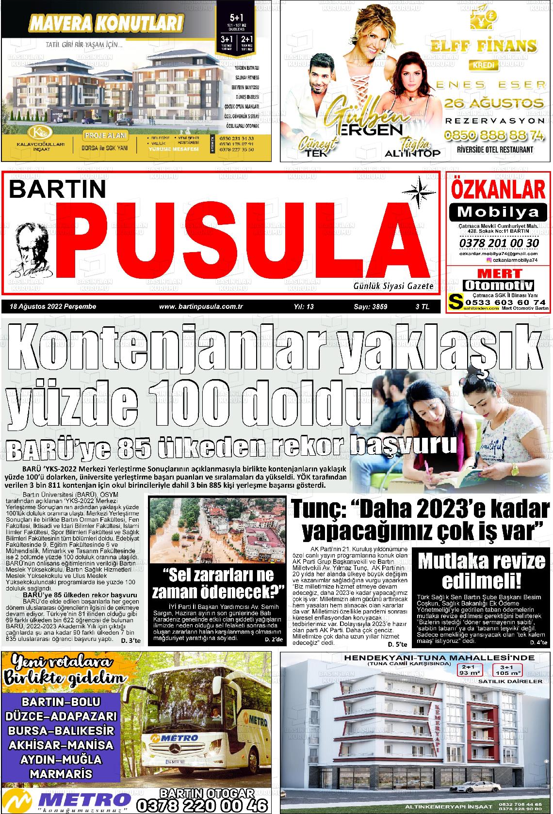 18 Ağustos 2022 Bartın Pusula Gazete Manşeti