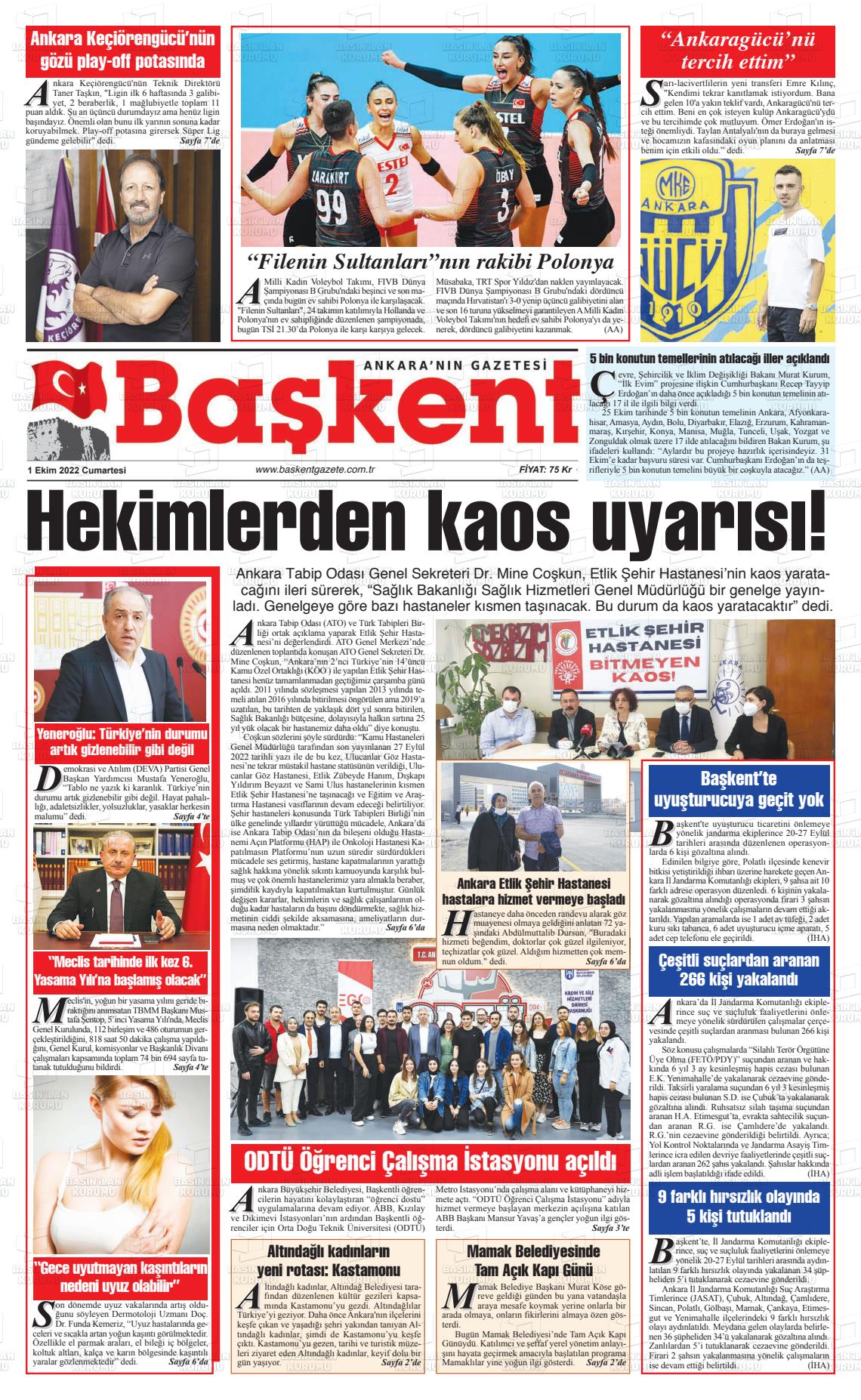 01 Ekim 2022 Ankara Başkent Gazete Manşeti