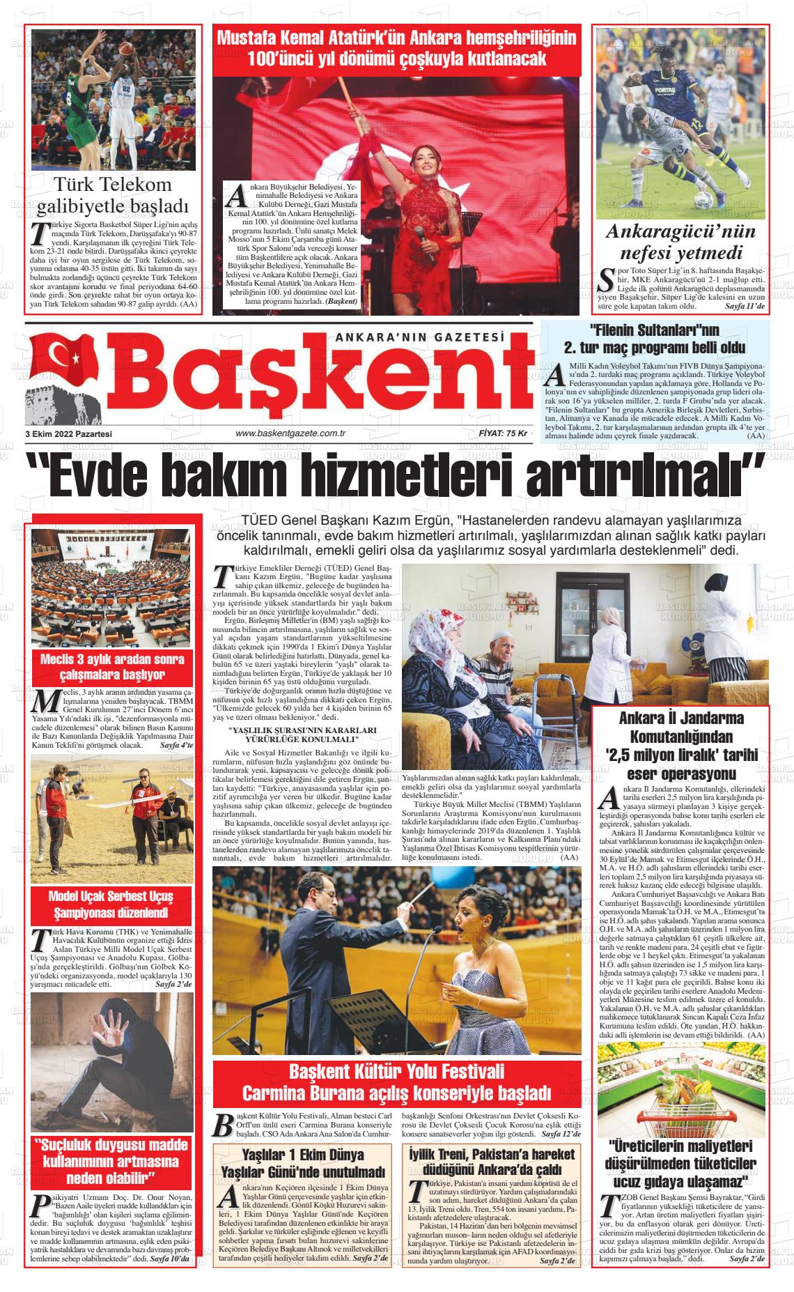 03 Ekim 2022 Ankara Başkent Gazete Manşeti