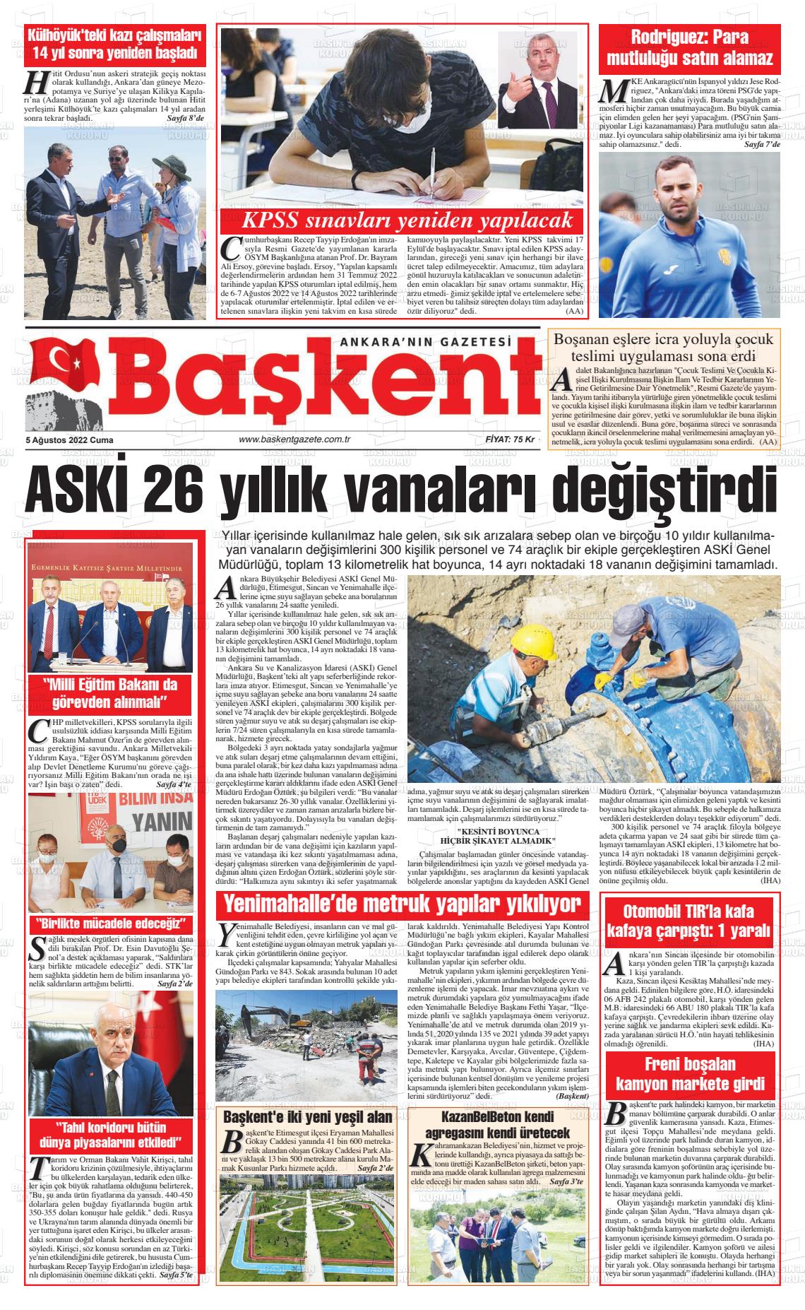 05 Ağustos 2022 Ankara Başkent Gazete Manşeti