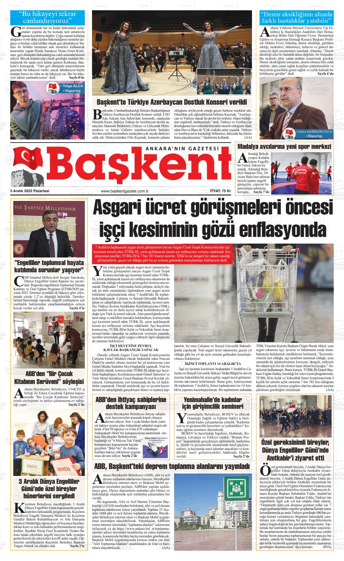 05 Aralık 2022 Ankara Başkent Gazete Manşeti