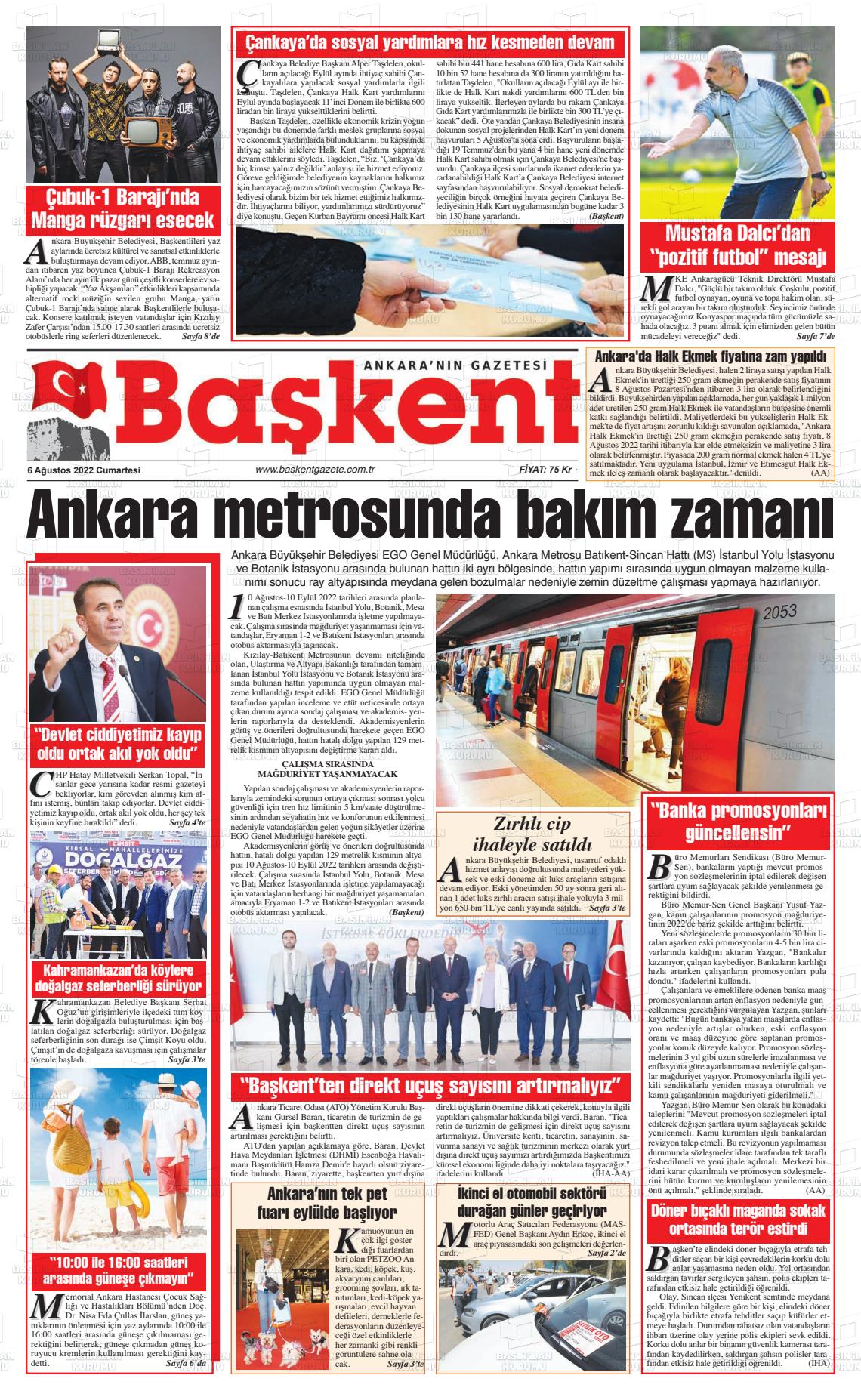 06 Ağustos 2022 Ankara Başkent Gazete Manşeti