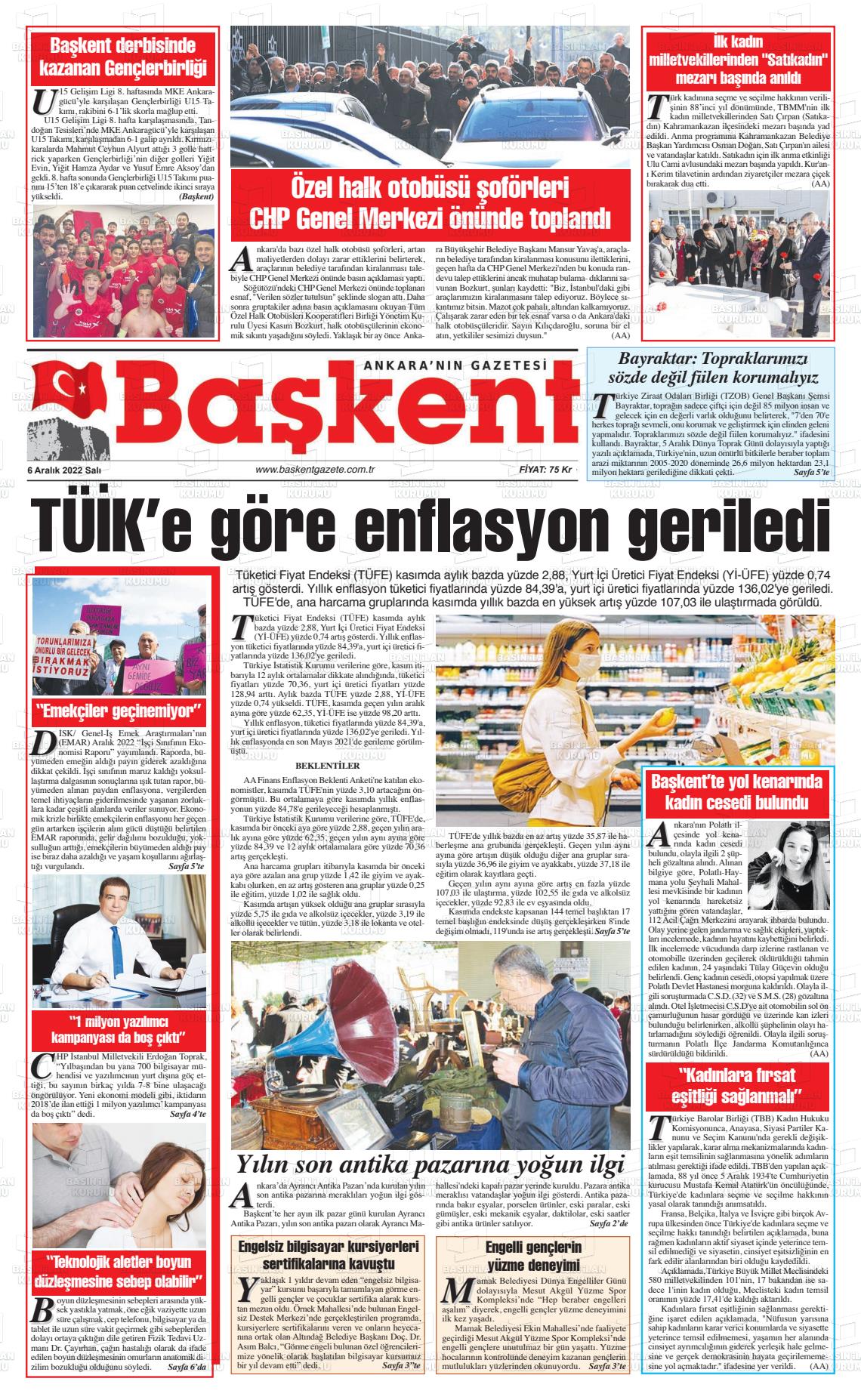 06 Aralık 2022 Ankara Başkent Gazete Manşeti
