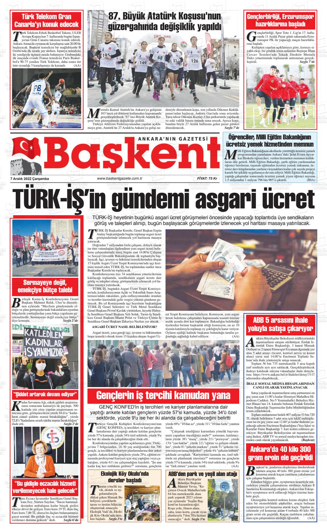 07 Aralık 2022 Ankara Başkent Gazete Manşeti