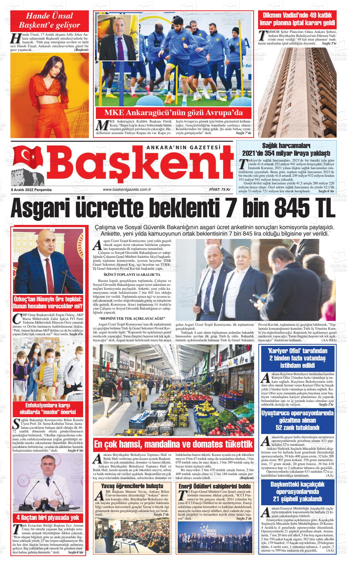 08 Aralık 2022 Ankara Başkent Gazete Manşeti