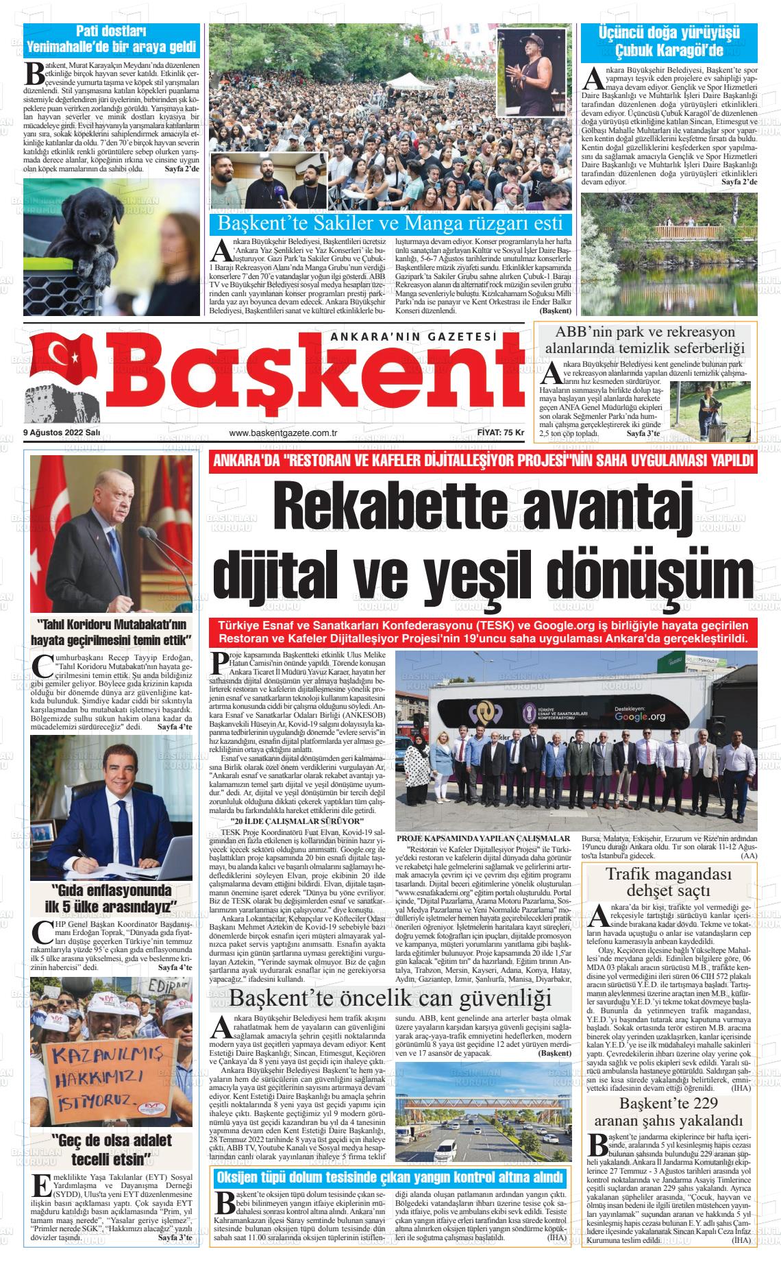 09 Ağustos 2022 Ankara Başkent Gazete Manşeti