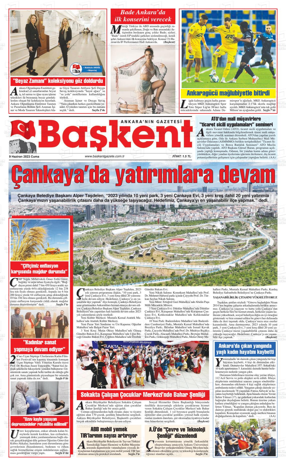 09 Haziran 2023 Ankara Başkent Gazete Manşeti