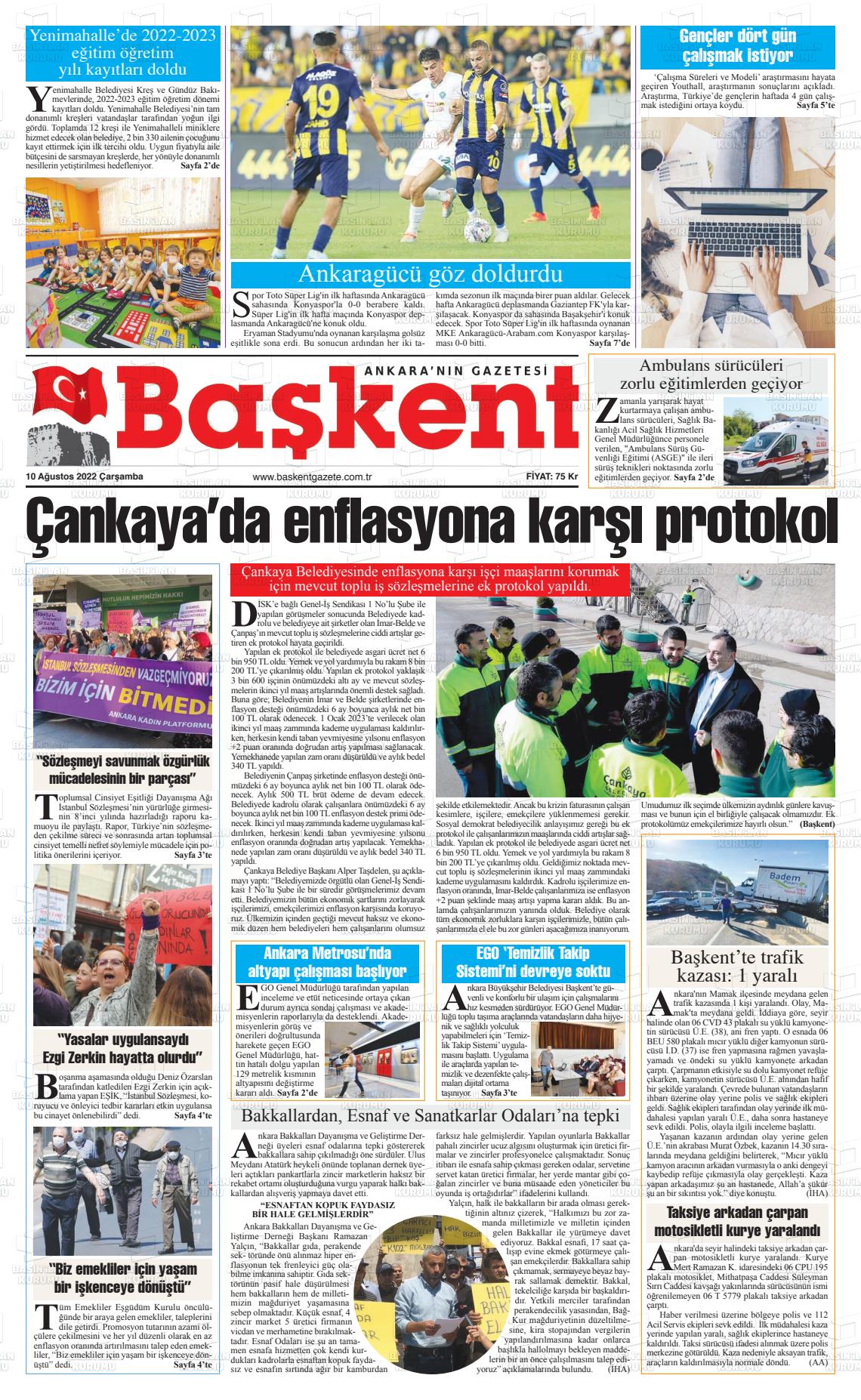 10 Ağustos 2022 Ankara Başkent Gazete Manşeti