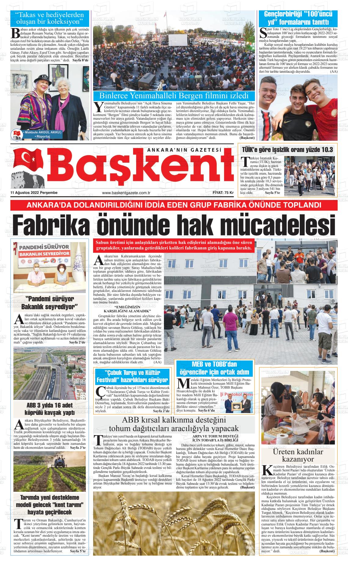 11 Ağustos 2022 Ankara Başkent Gazete Manşeti
