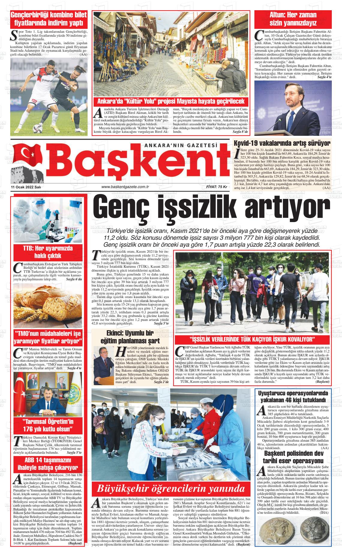 11 Ocak 2022 Ankara Başkent Gazete Manşeti