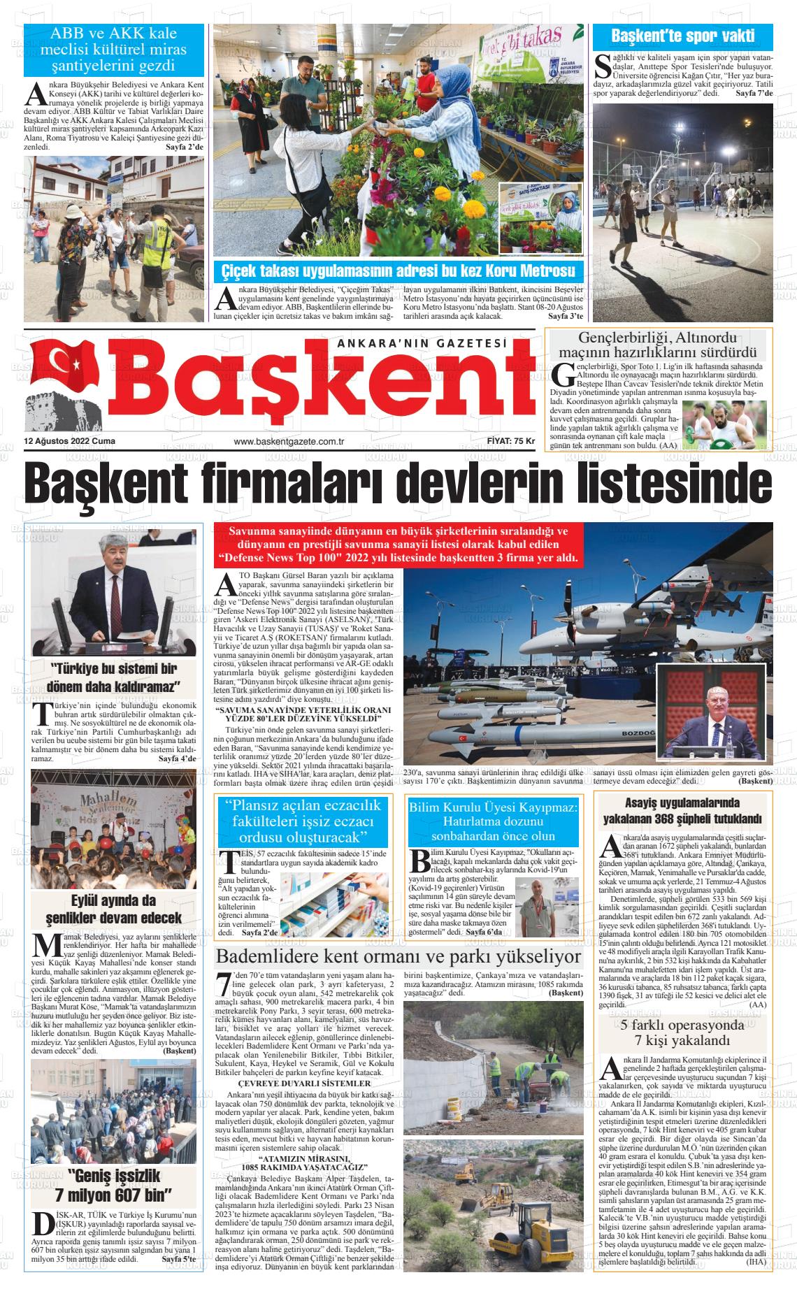 12 Ağustos 2022 Ankara Başkent Gazete Manşeti