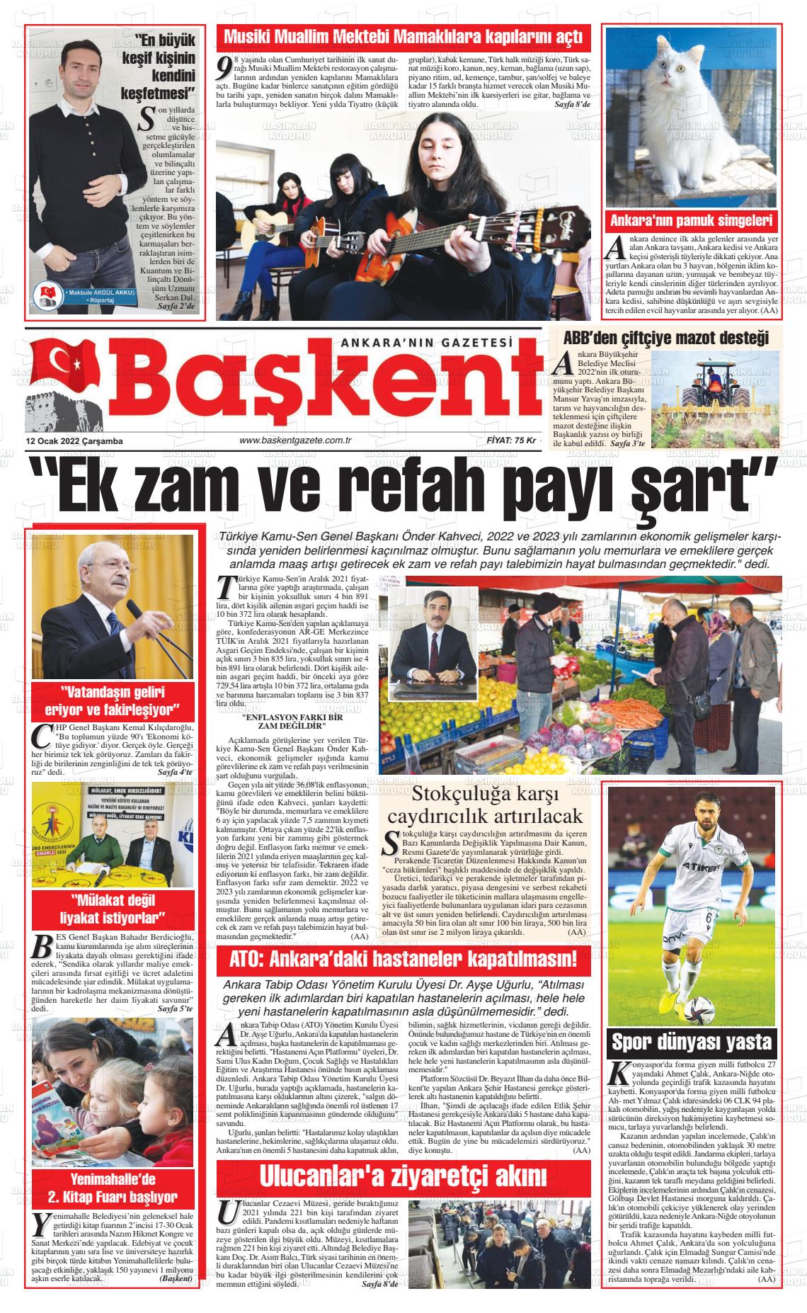 12 Ocak 2022 Ankara Başkent Gazete Manşeti