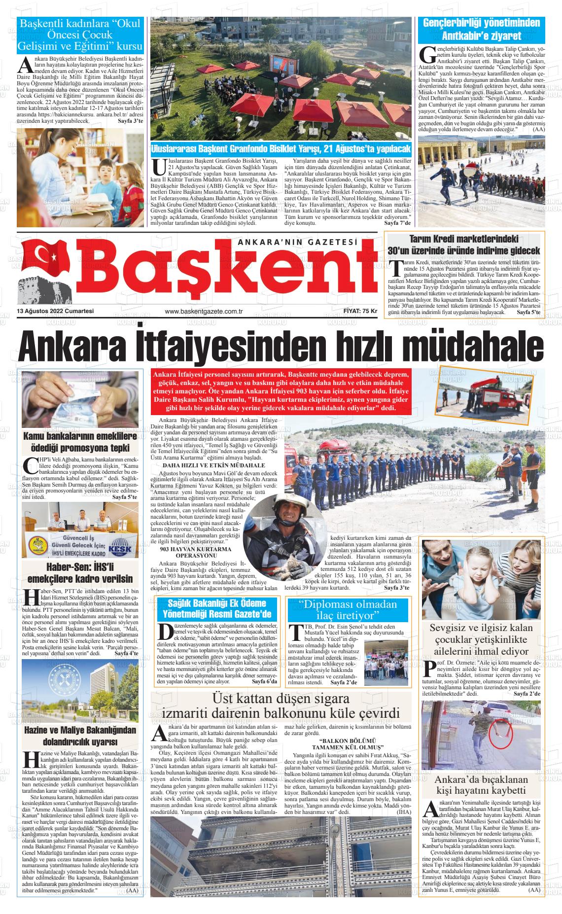 13 Ağustos 2022 Ankara Başkent Gazete Manşeti