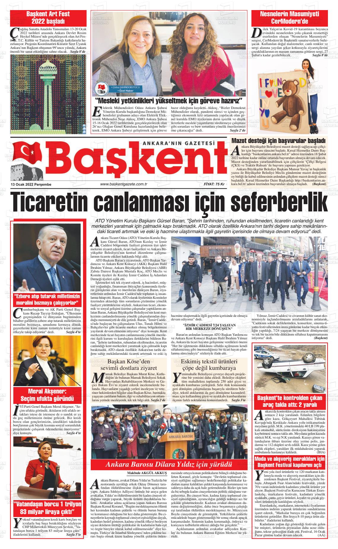 13 Ocak 2022 Ankara Başkent Gazete Manşeti