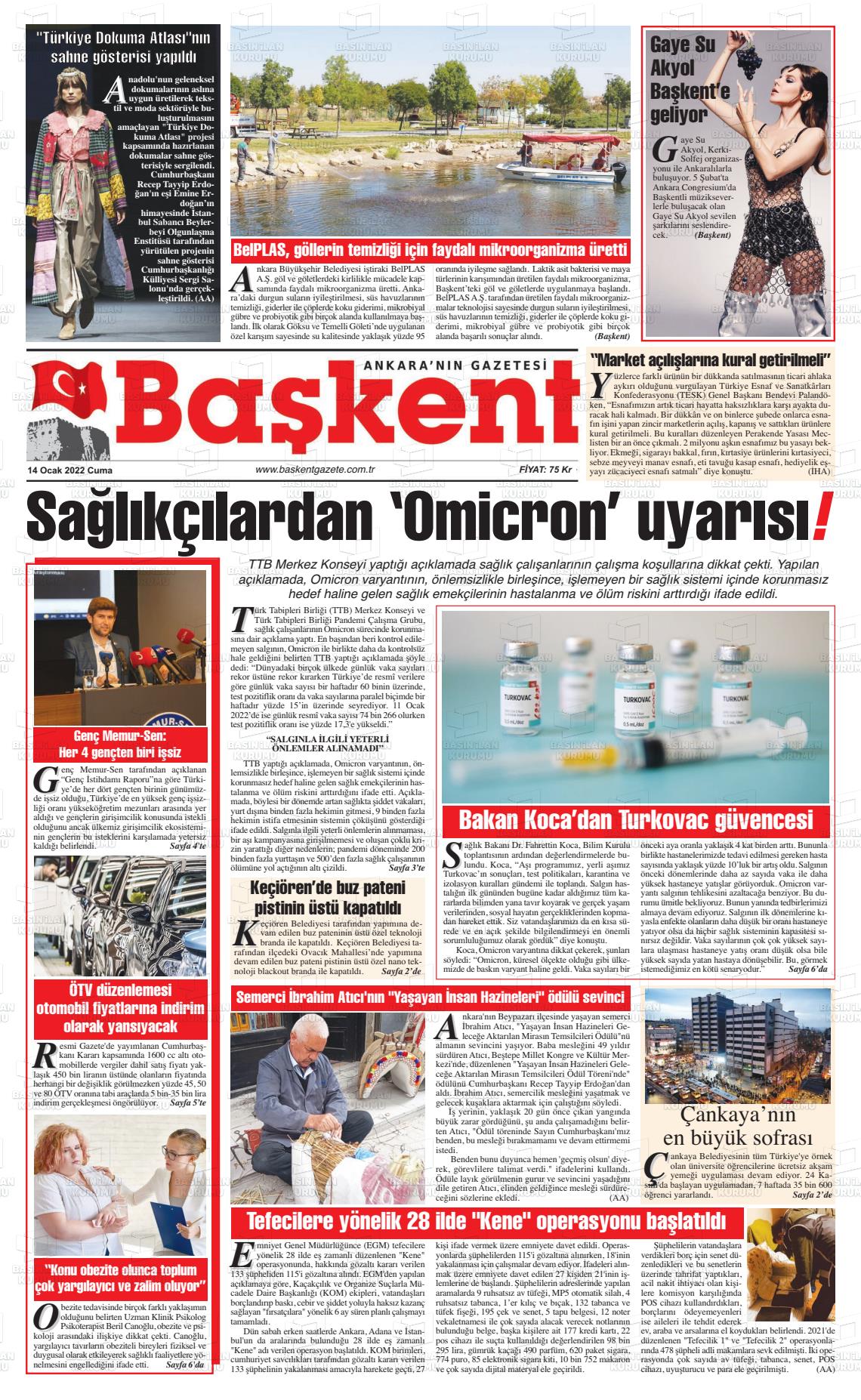 14 Ocak 2022 Ankara Başkent Gazete Manşeti