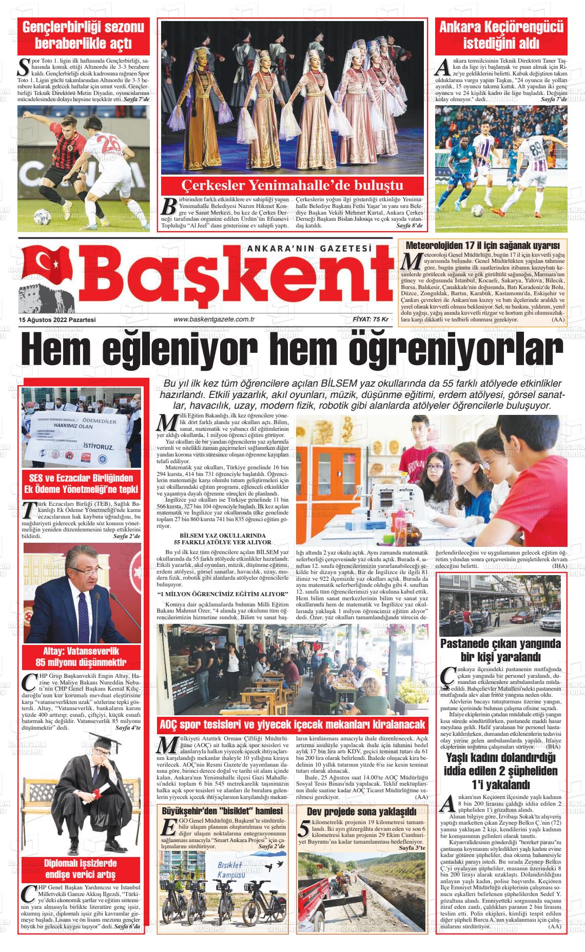15 Ağustos 2022 Ankara Başkent Gazete Manşeti