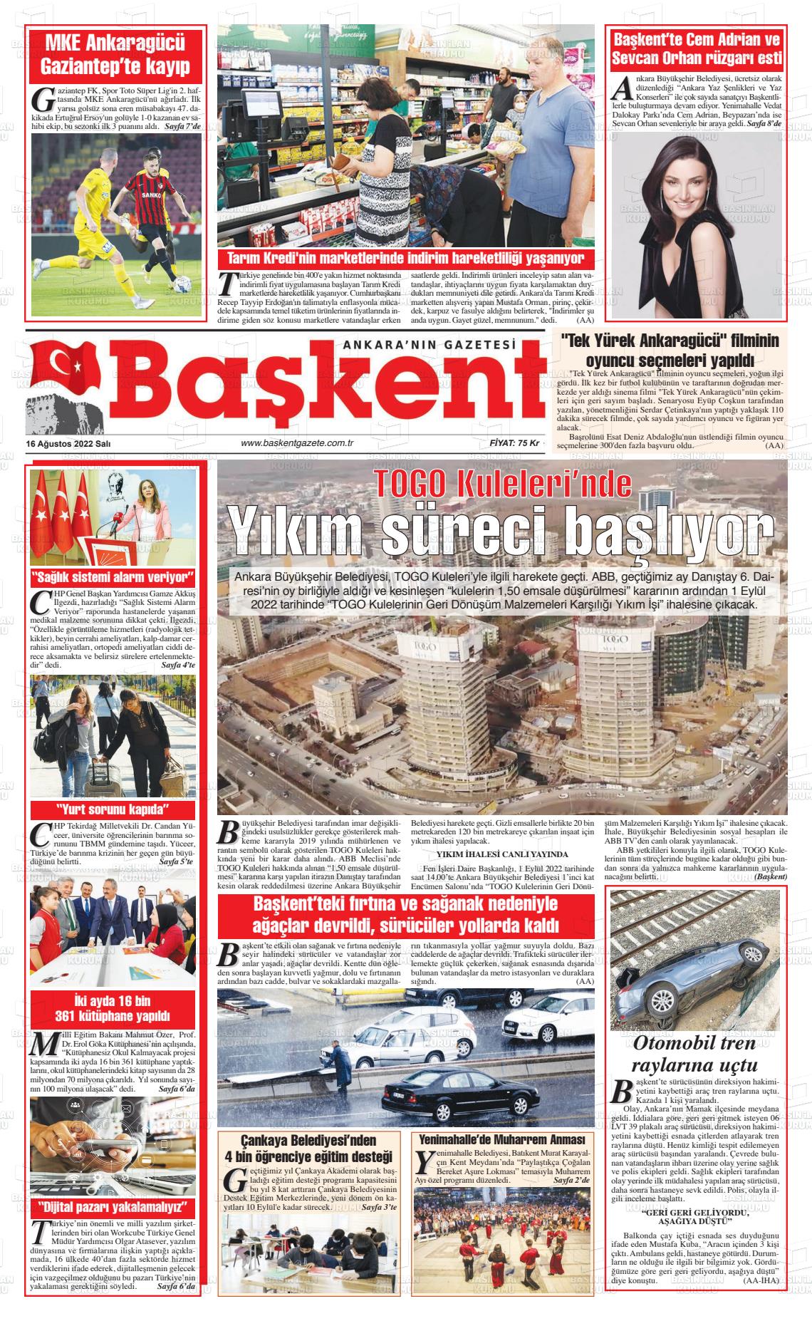 16 Ağustos 2022 Ankara Başkent Gazete Manşeti