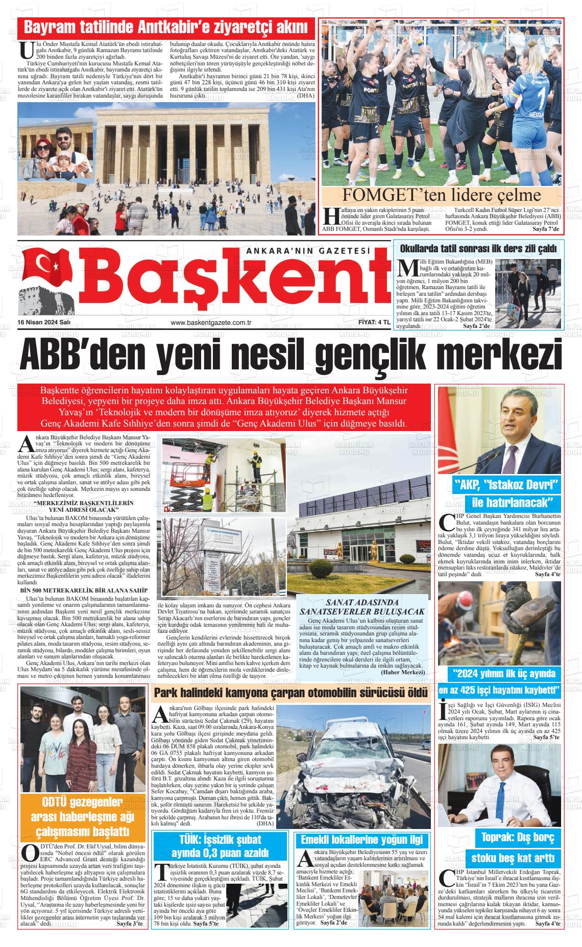 18 Nisan 2024 Ankara Başkent Gazete Manşeti