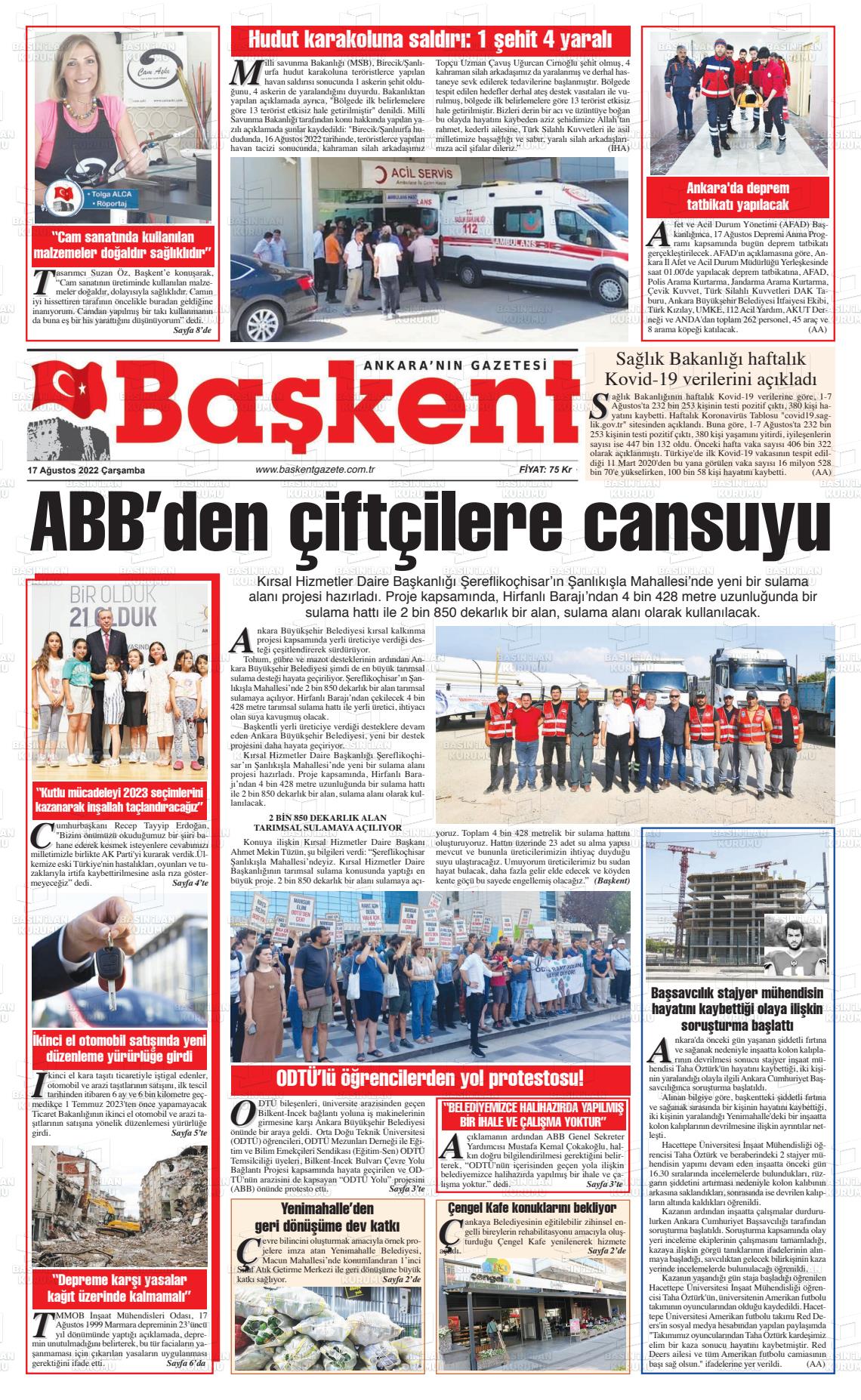 17 Ağustos 2022 Ankara Başkent Gazete Manşeti