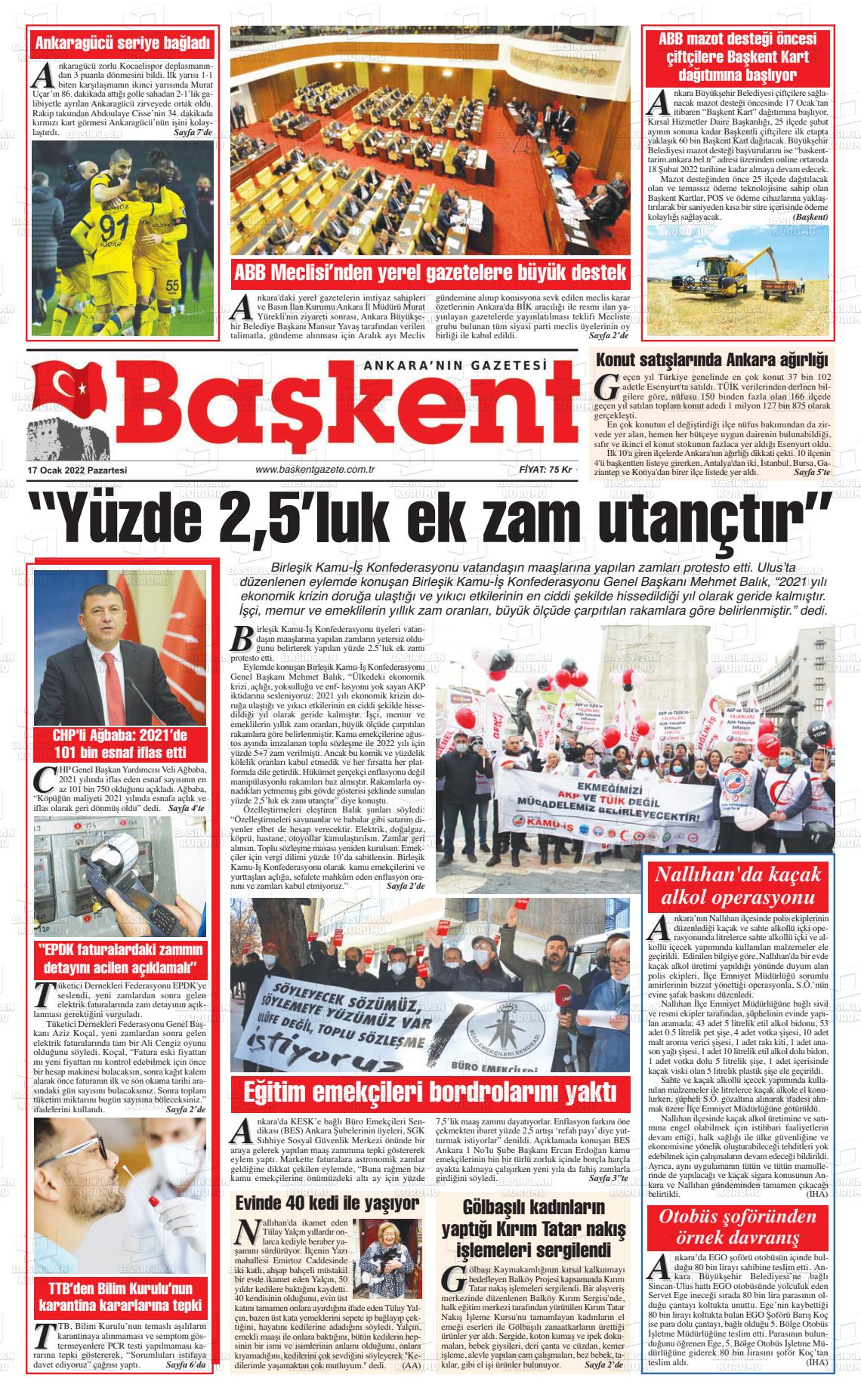 17 Ocak 2022 Ankara Başkent Gazete Manşeti