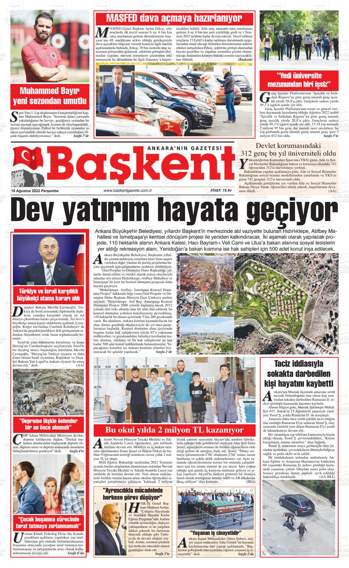 18 Ağustos 2022 Ankara Başkent Gazete Manşeti