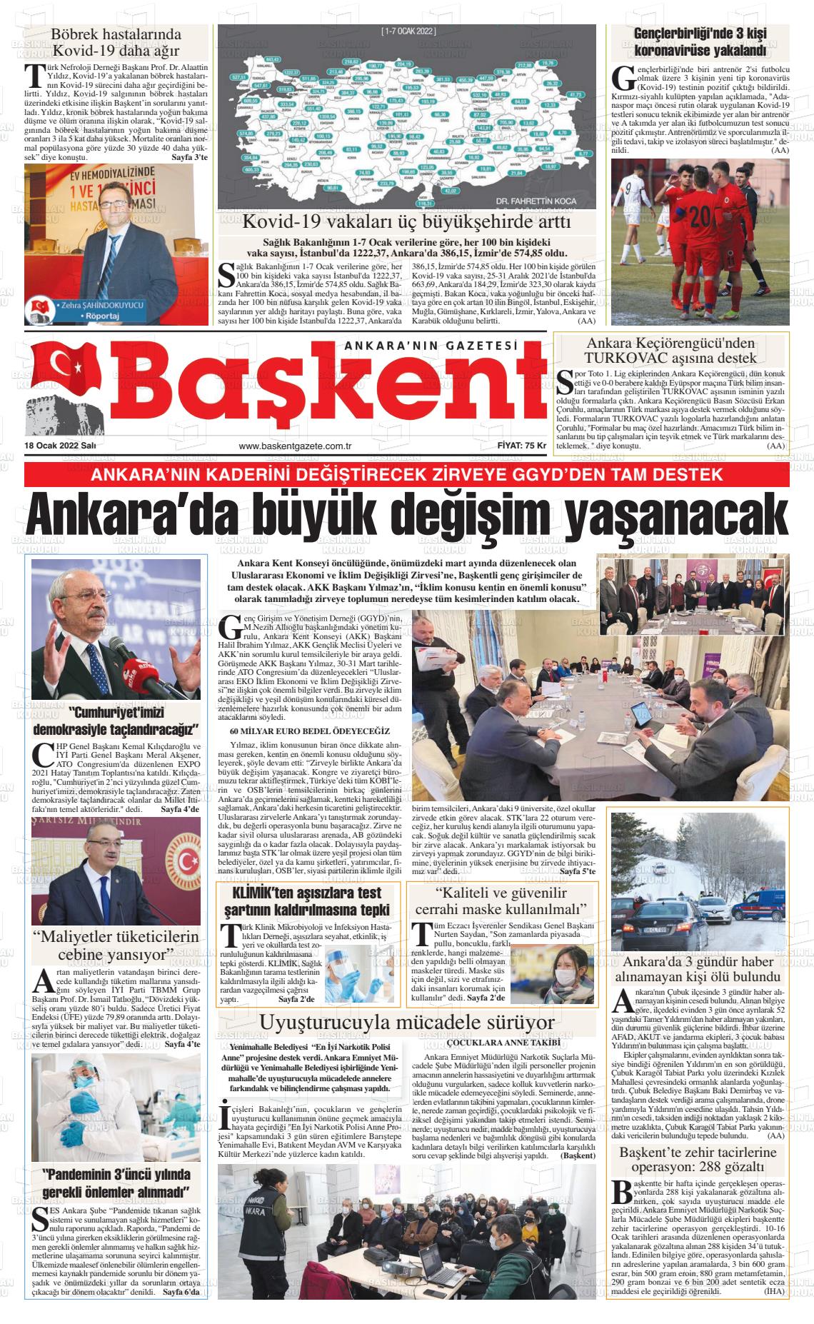 18 Ocak 2022 Ankara Başkent Gazete Manşeti