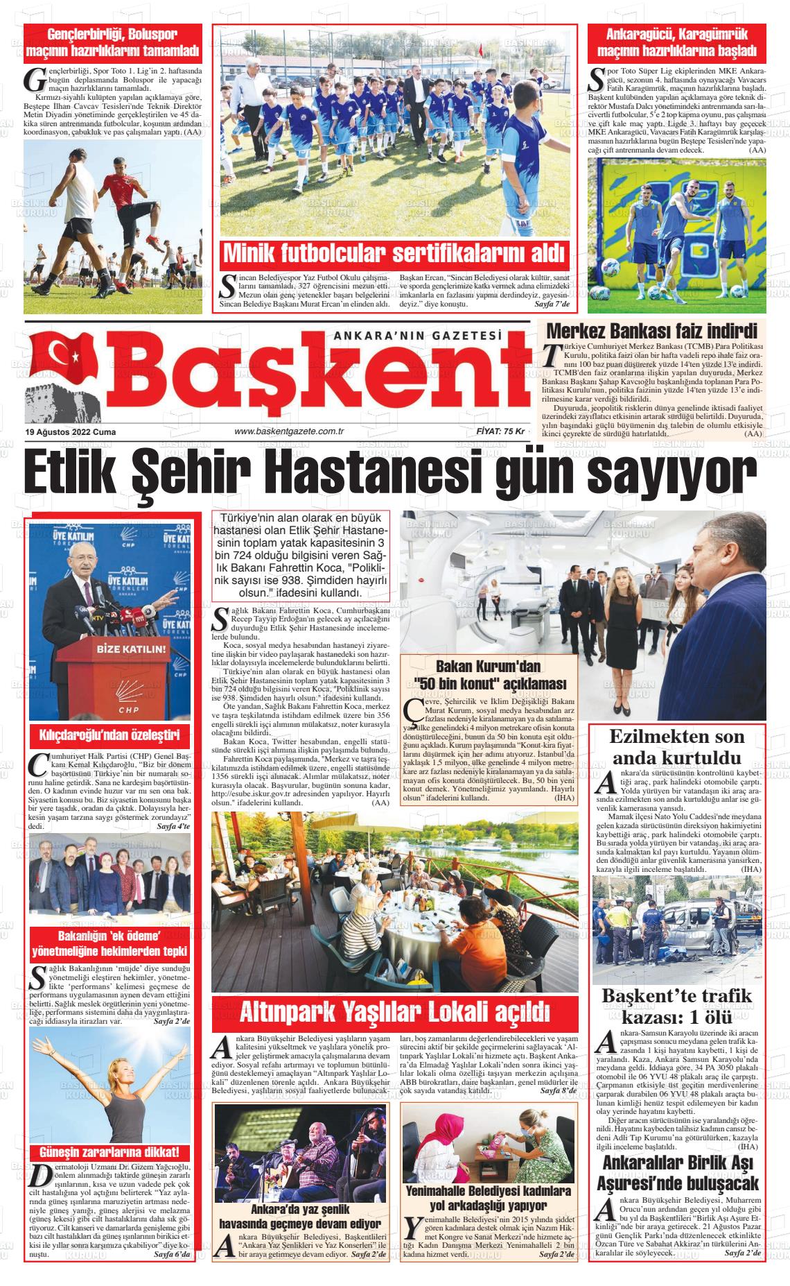 19 Ağustos 2022 Ankara Başkent Gazete Manşeti