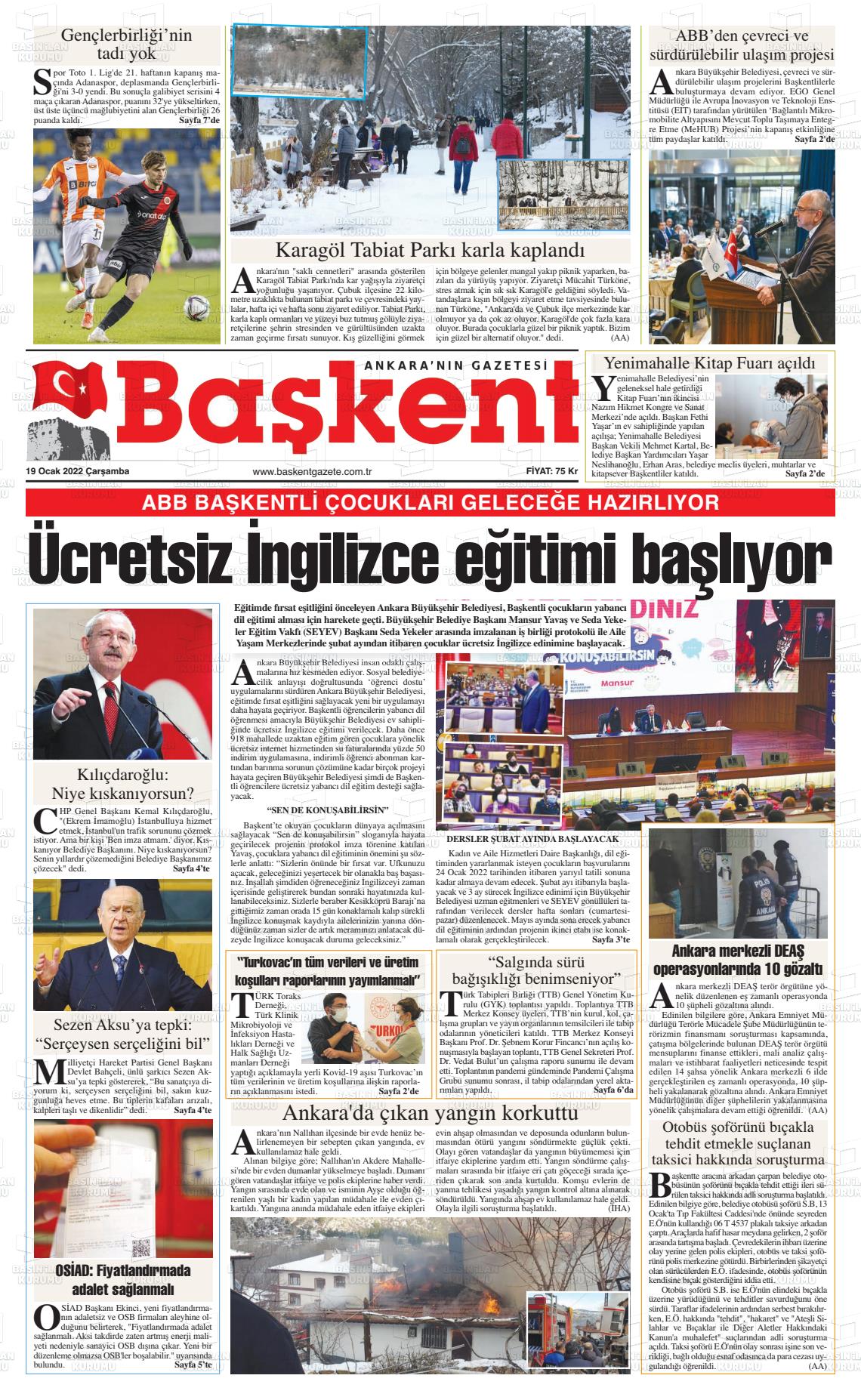 19 Ocak 2022 Ankara Başkent Gazete Manşeti