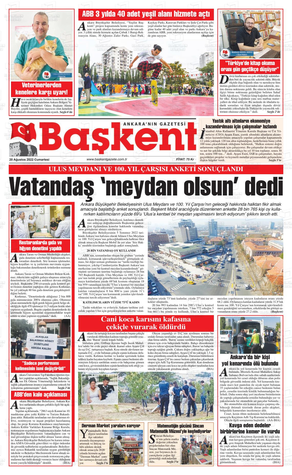 20 Ağustos 2022 Ankara Başkent Gazete Manşeti