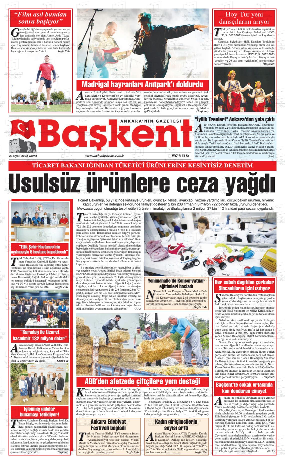 23 Eylül 2022 Ankara Başkent Gazete Manşeti