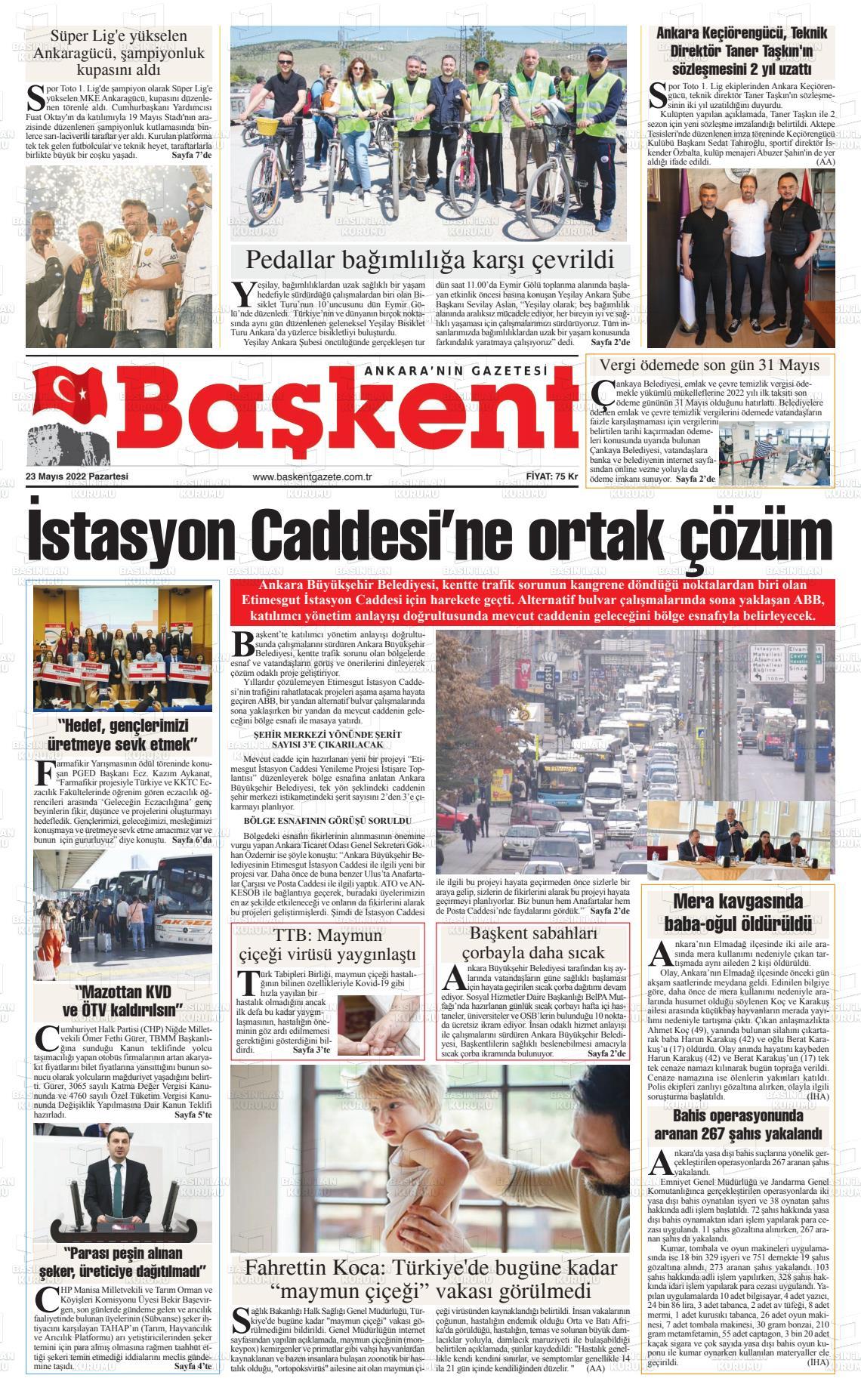23 Mayıs 2022 Ankara Başkent Gazete Manşeti