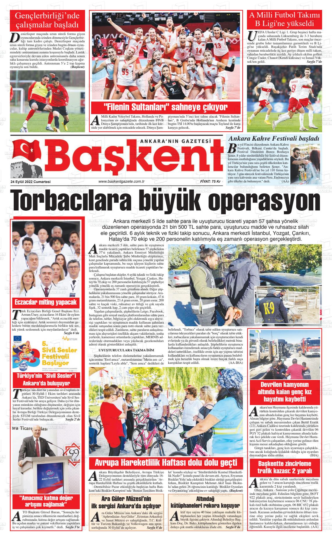 24 Eylül 2022 Ankara Başkent Gazete Manşeti