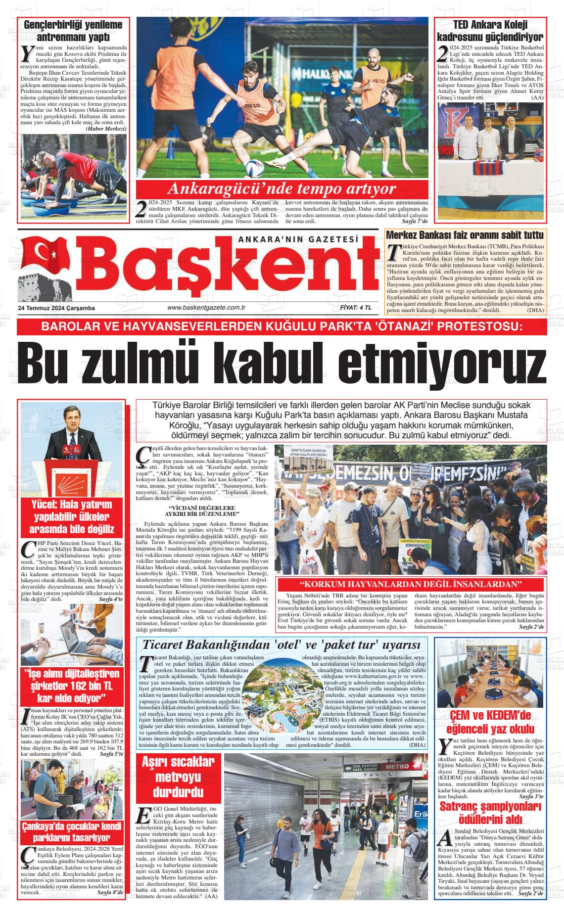 24 Temmuz 2024 Ankara Başkent Gazete Manşeti