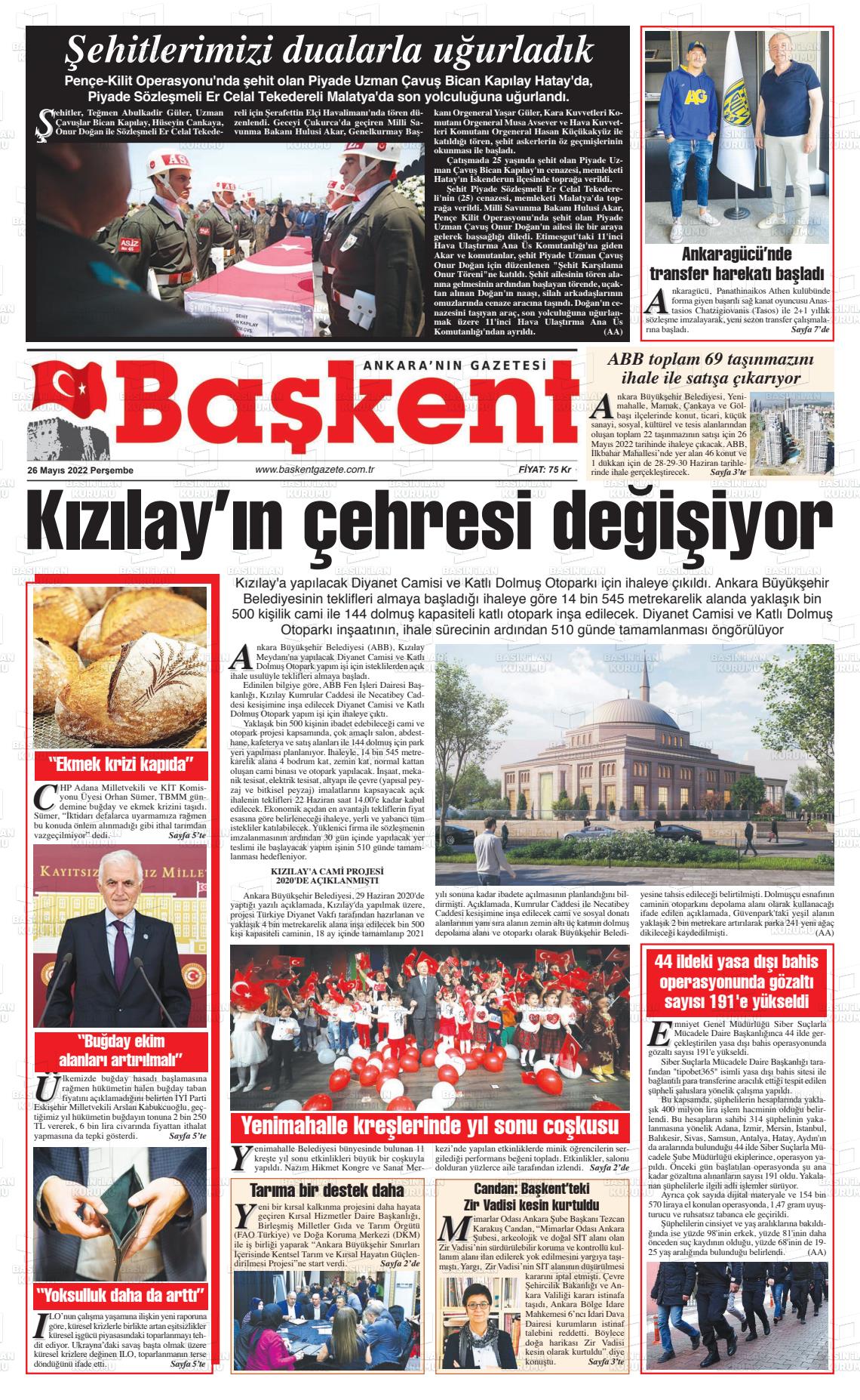 26 Mayıs 2022 Ankara Başkent Gazete Manşeti