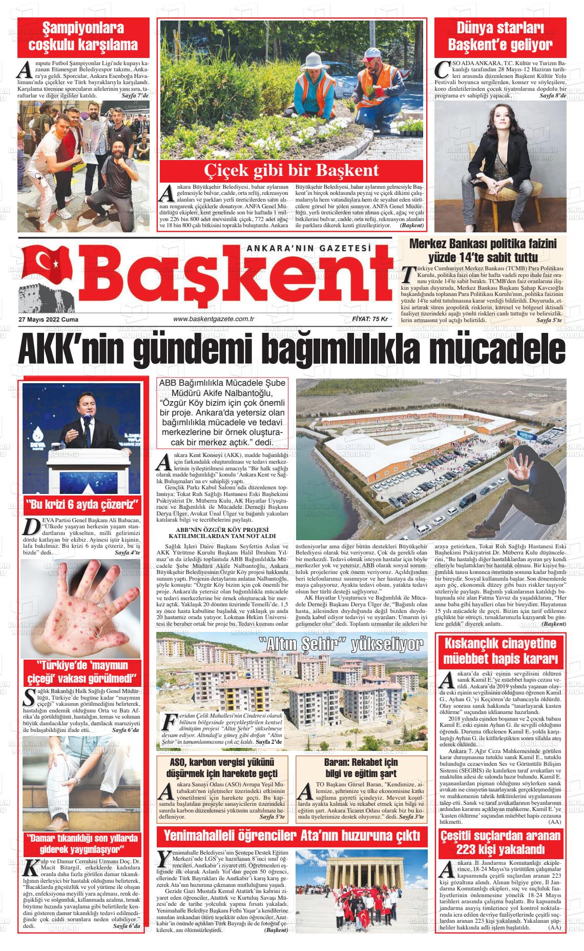 27 Mayıs 2022 Ankara Başkent Gazete Manşeti
