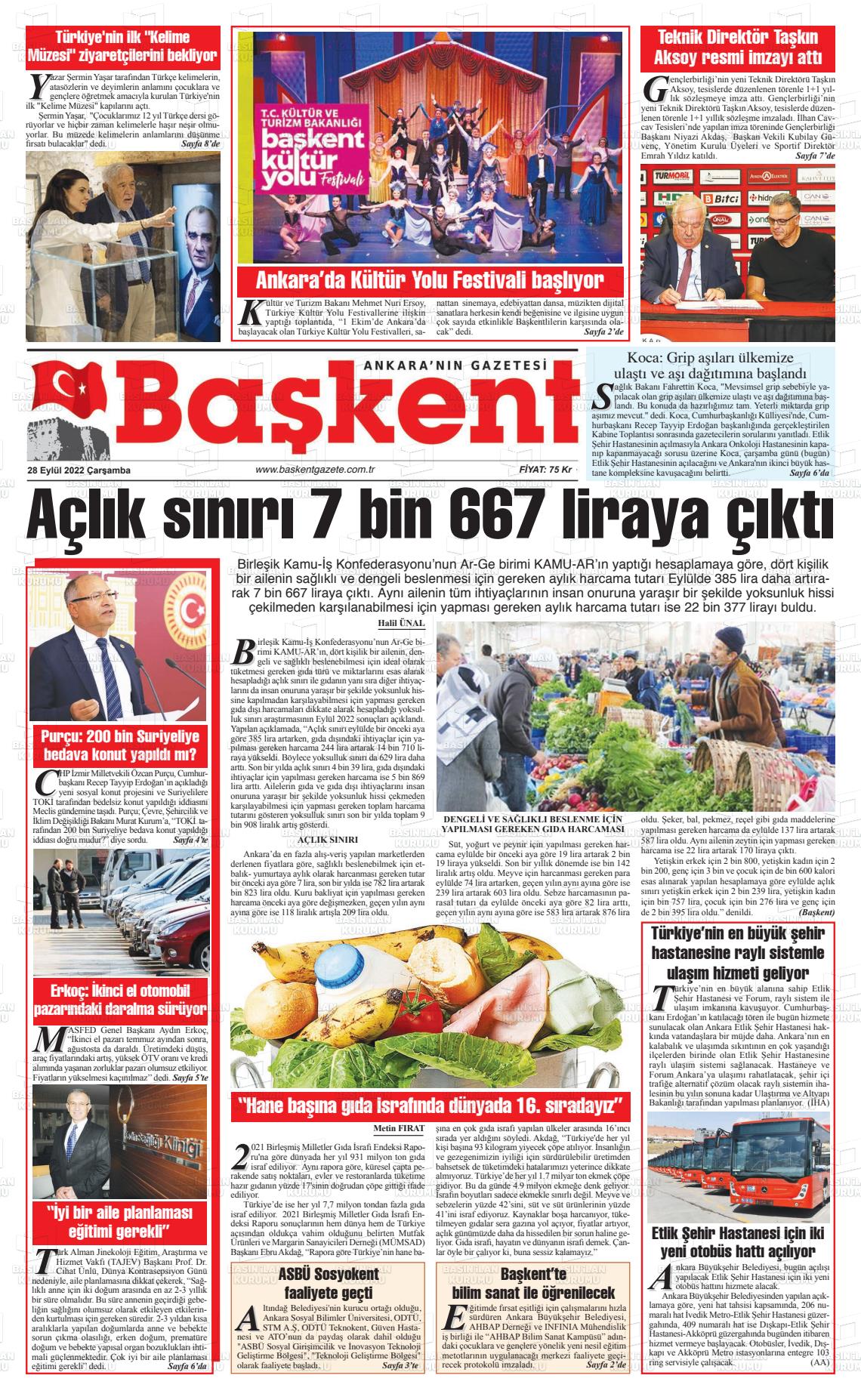 28 Eylül 2022 Ankara Başkent Gazete Manşeti