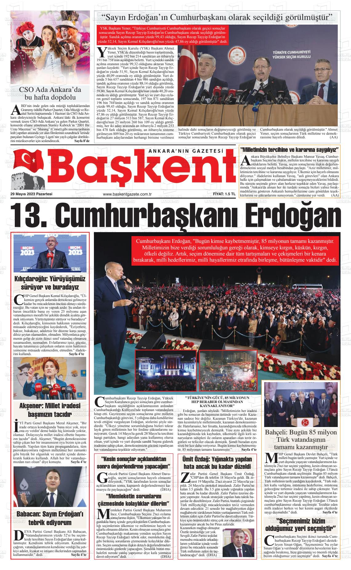 29 Mayıs 2023 Ankara Başkent Gazete Manşeti