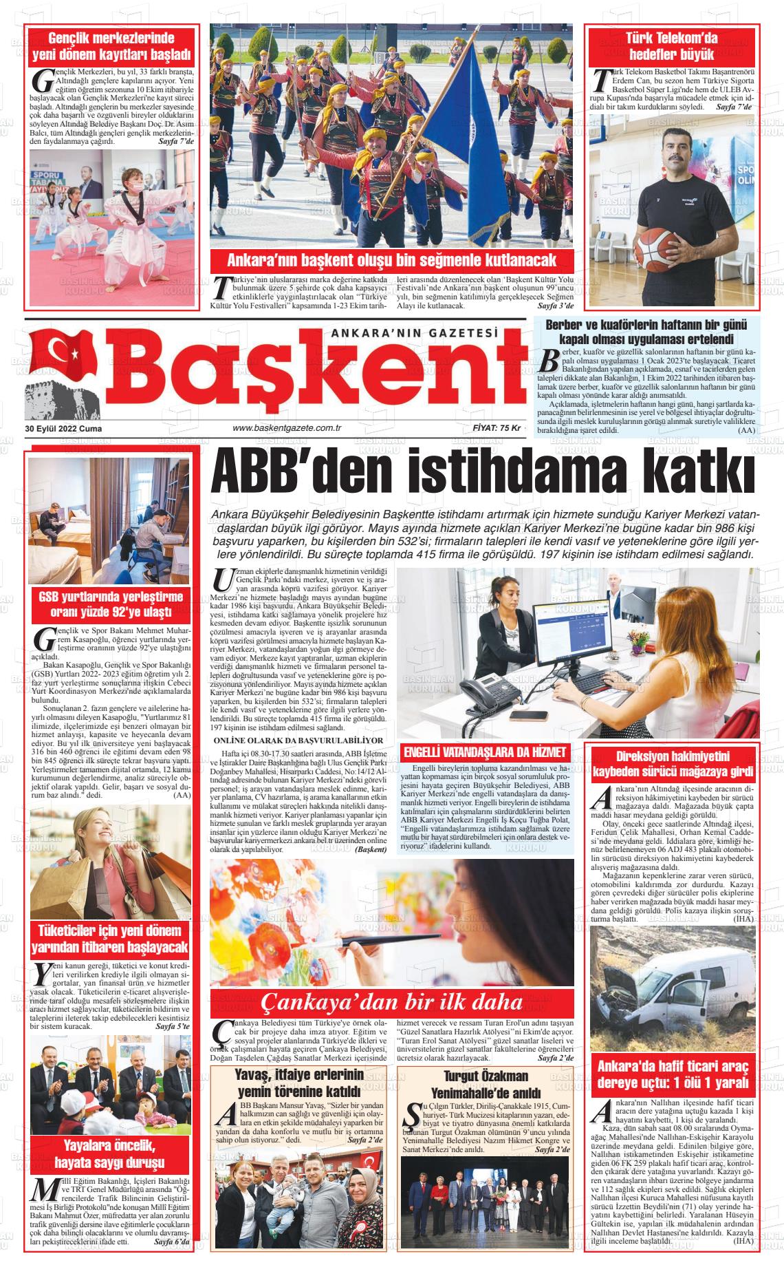 30 Eylül 2022 Ankara Başkent Gazete Manşeti