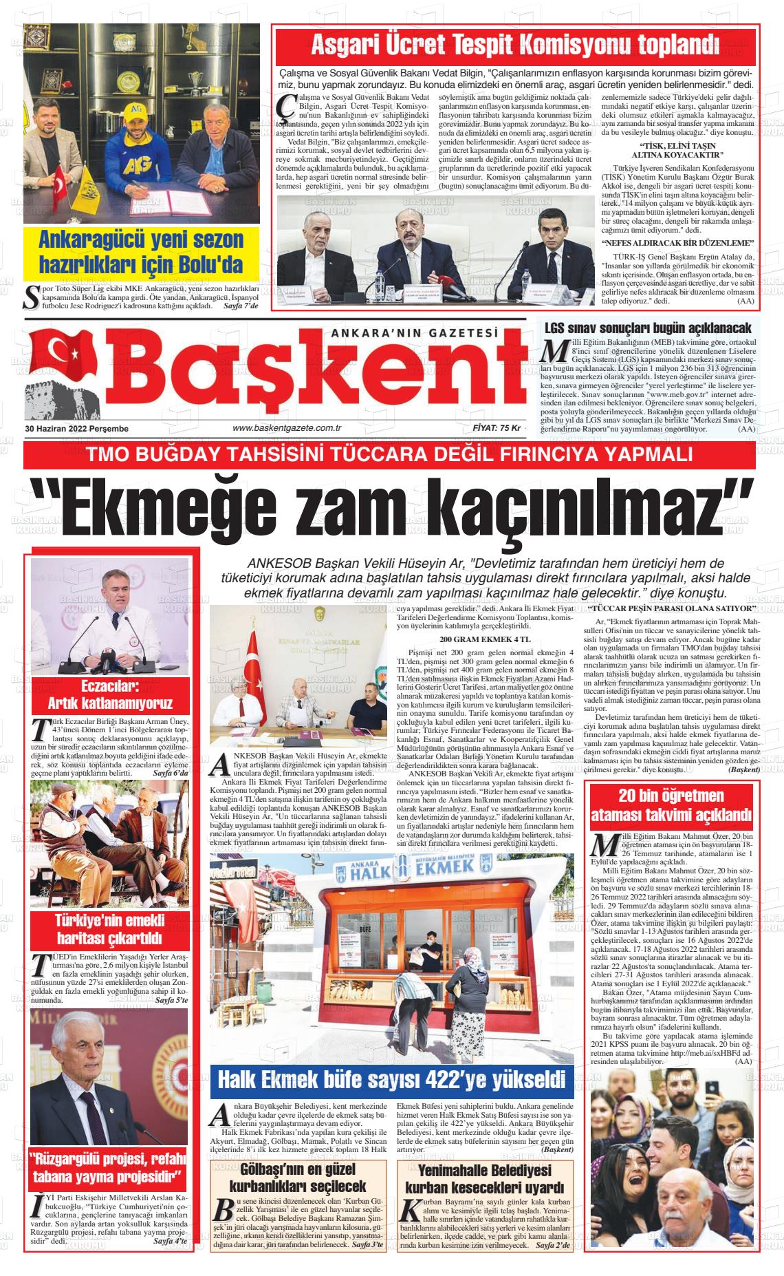 30 Haziran 2022 Ankara Başkent Gazete Manşeti