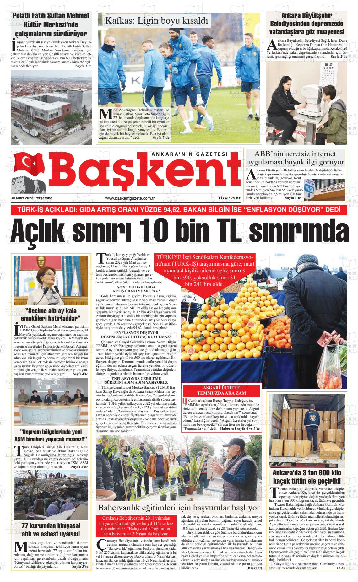 30 Mart 2023 Ankara Başkent Gazete Manşeti