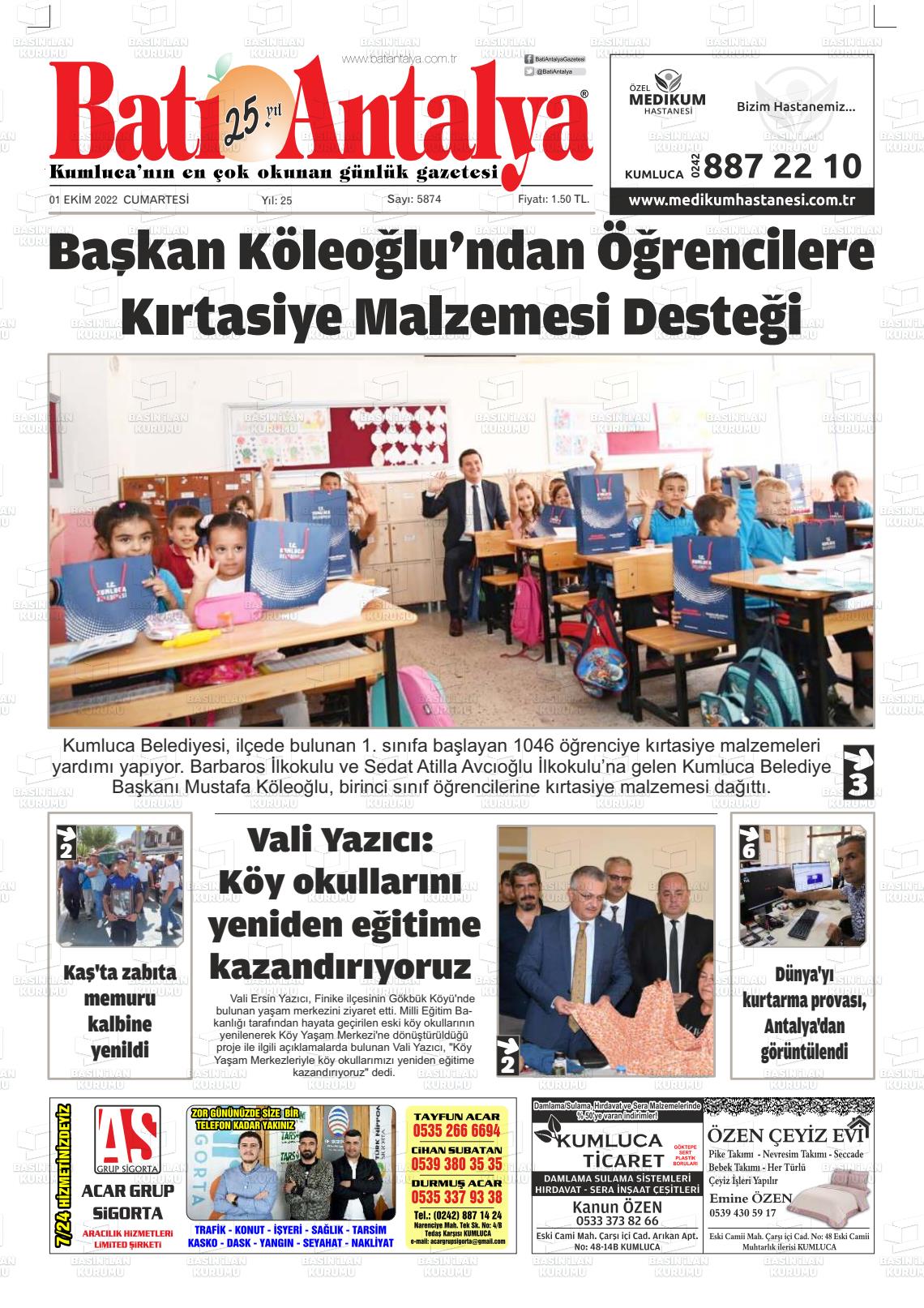 01 Ekim 2022 Batı Antalya Gazete Manşeti