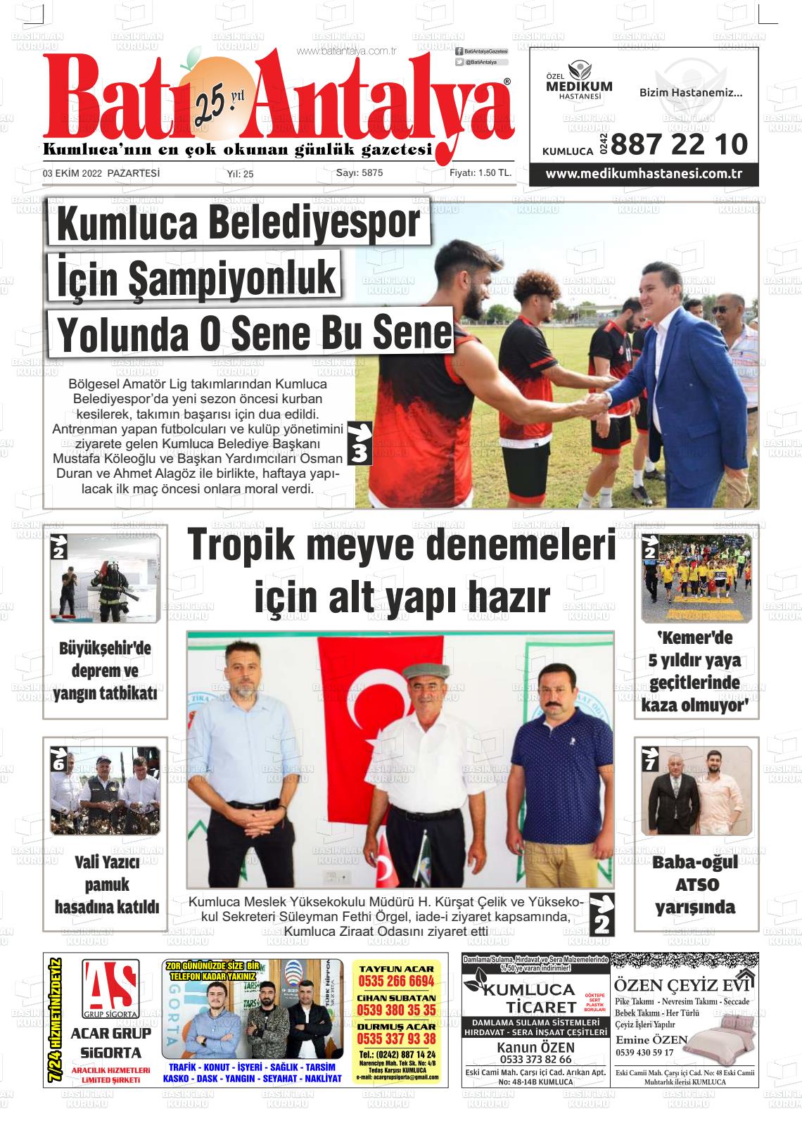 03 Ekim 2022 Batı Antalya Gazete Manşeti