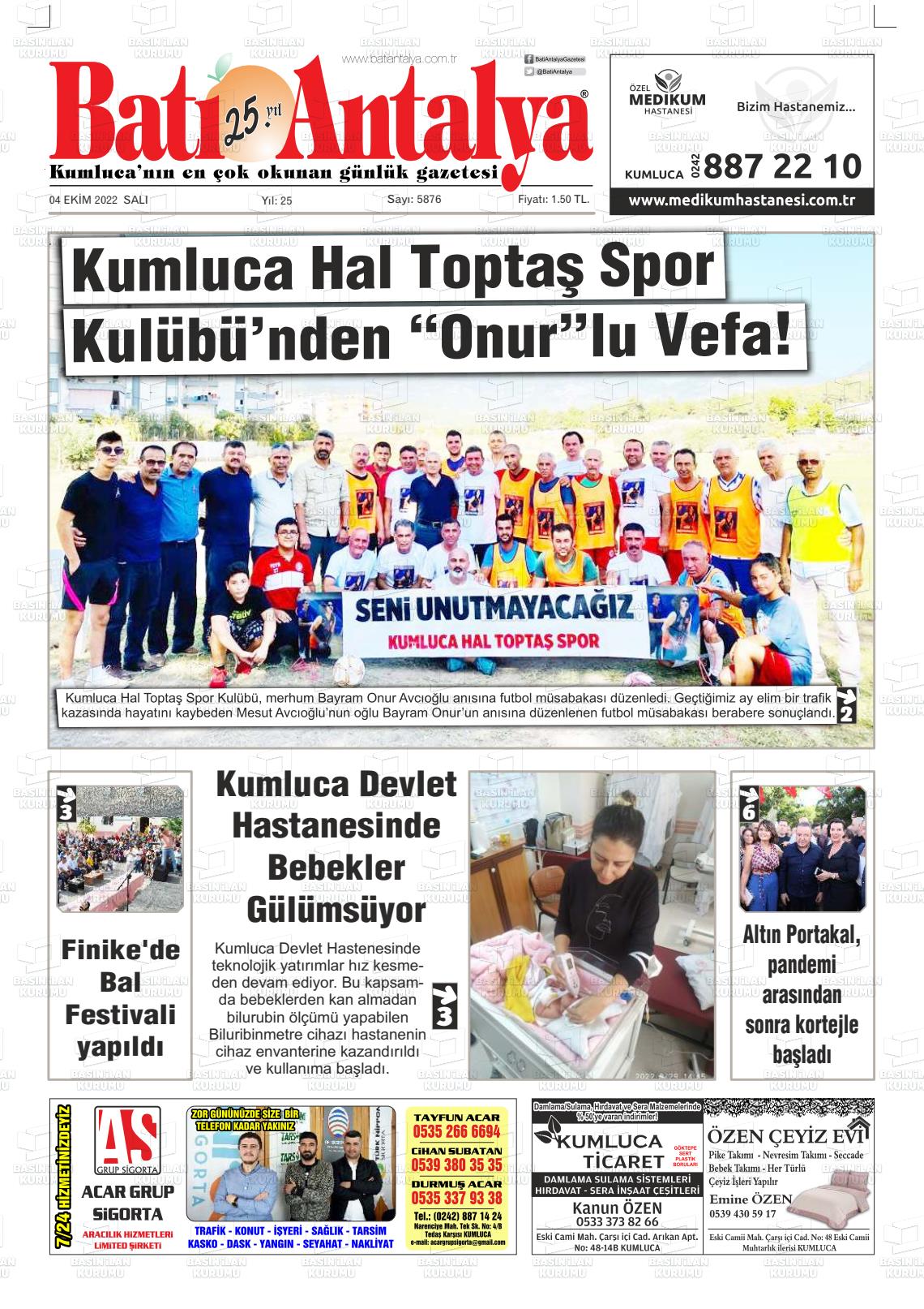 04 Ekim 2022 Batı Antalya Gazete Manşeti