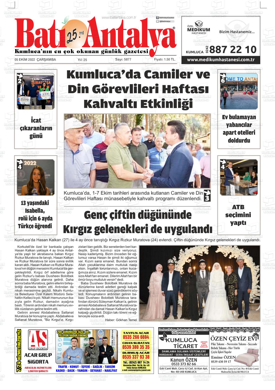 05 Ekim 2022 Batı Antalya Gazete Manşeti