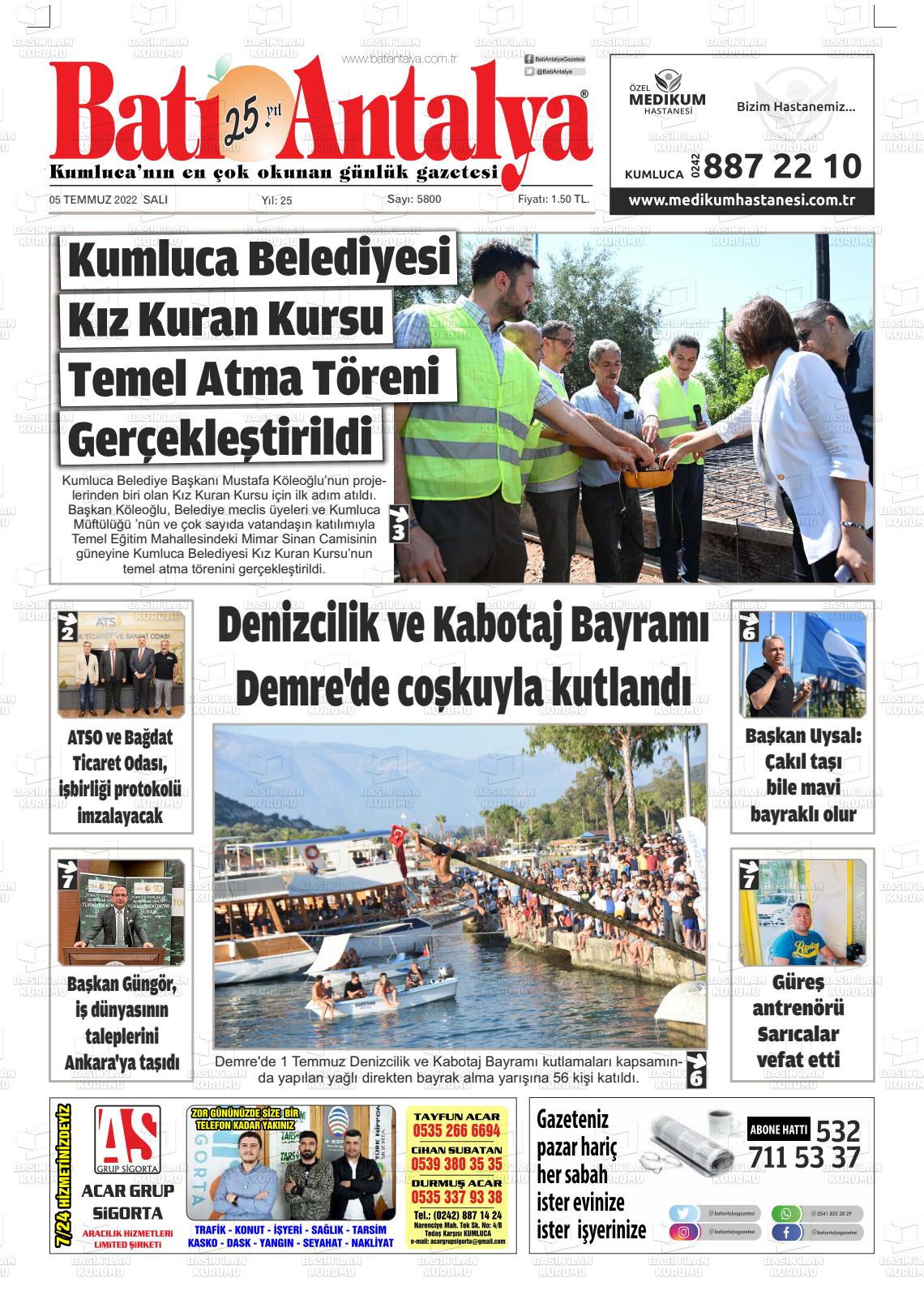 05 Temmuz 2022 Batı Antalya Gazete Manşeti